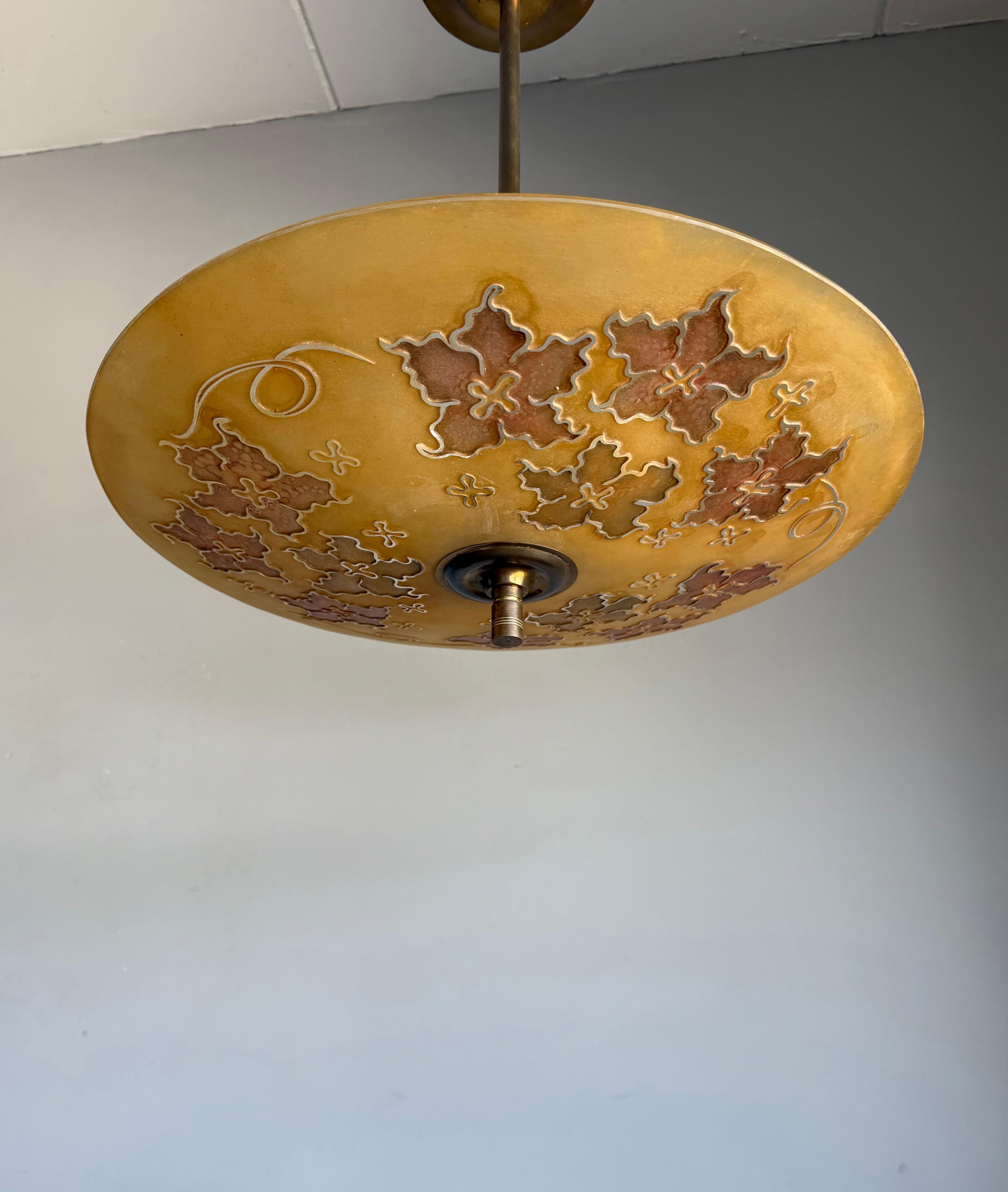 Hand-Crafted Extra Large & Rare Blown & Engraved Glass Pendant Light with Stylised Leaf Motif For Sale