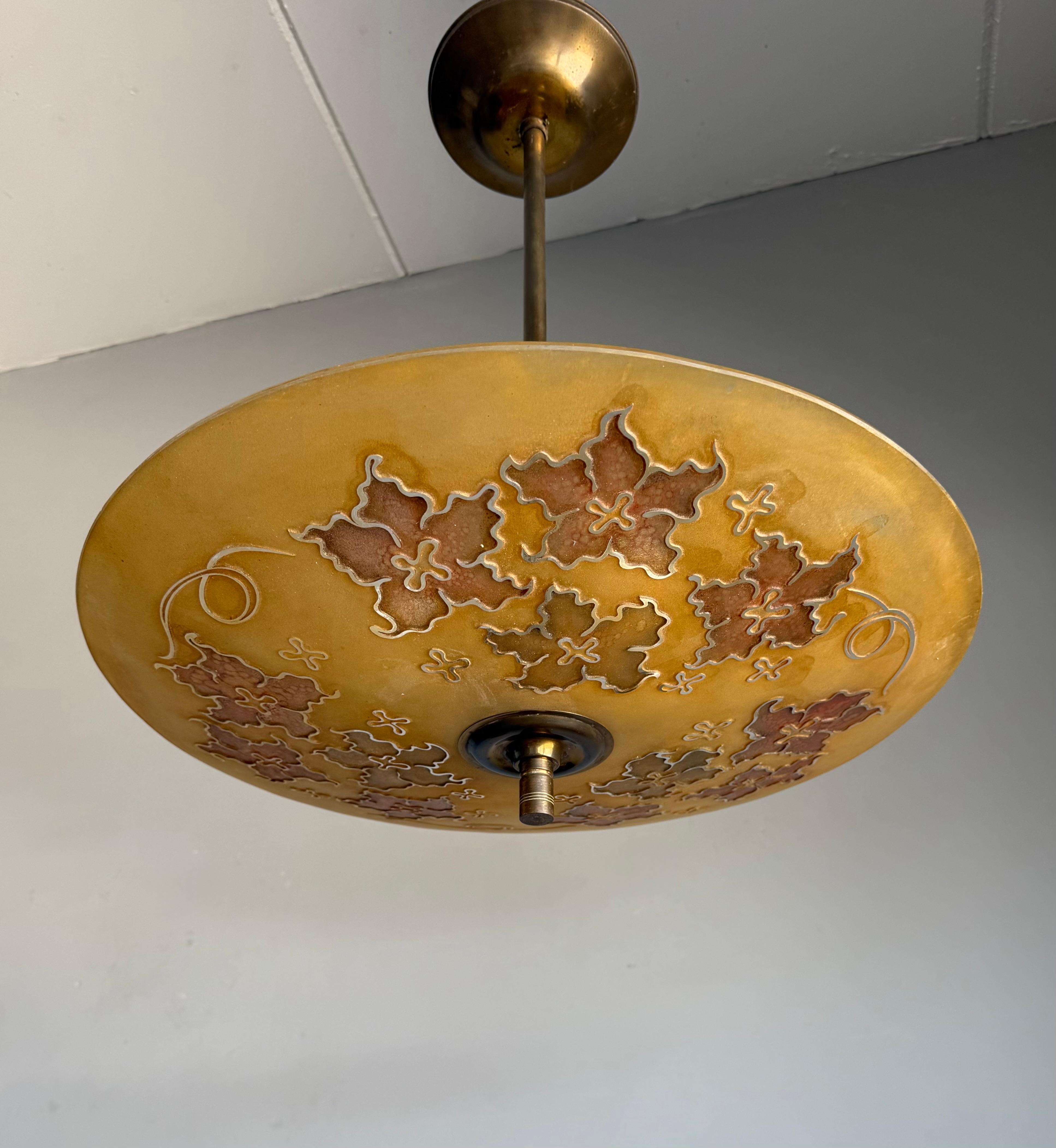 Extra Large & Rare Blown & Engraved Glass Pendant Light with Stylised Leaf Motif In Good Condition For Sale In Lisse, NL