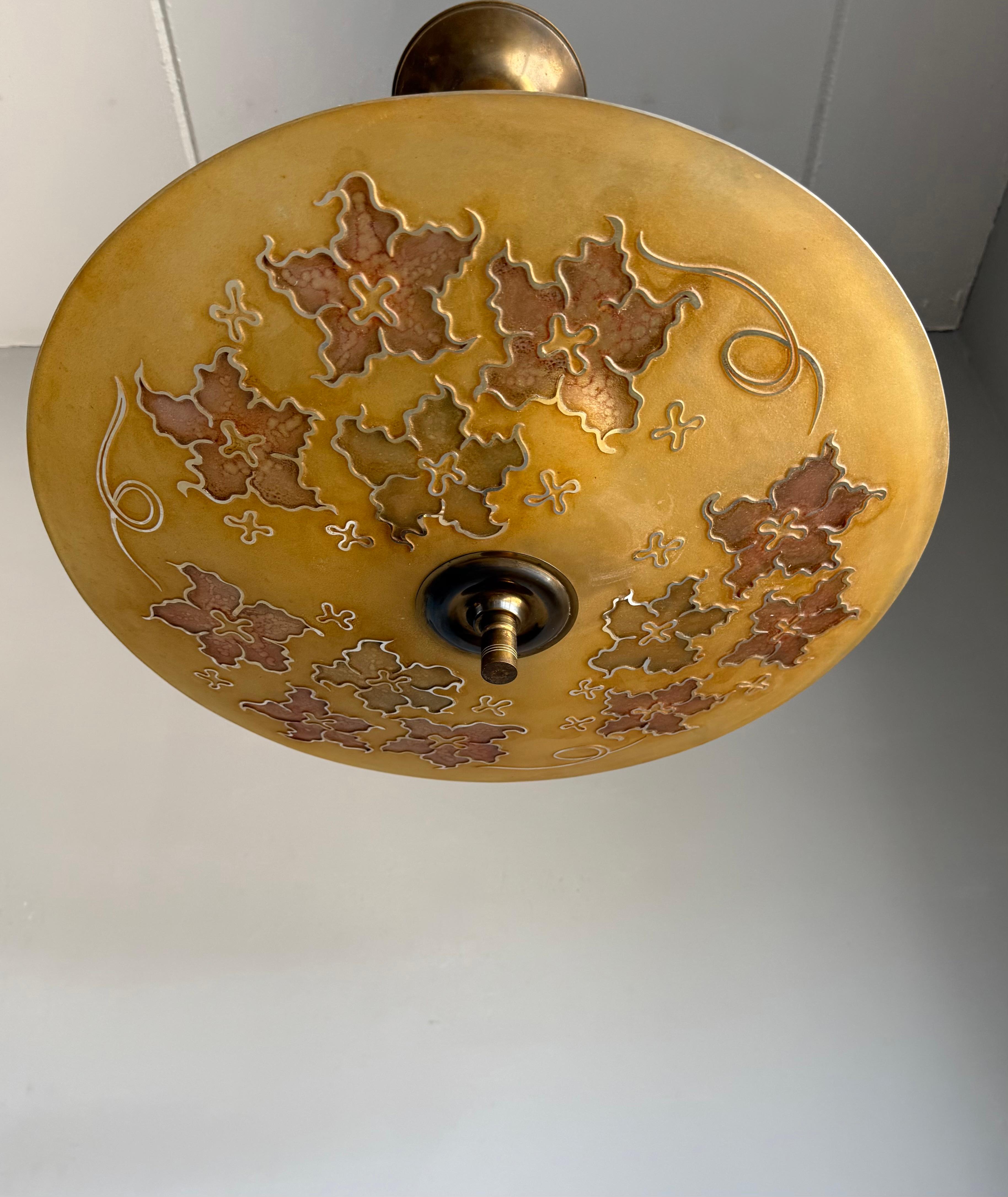 20th Century Extra Large & Rare Blown & Engraved Glass Pendant Light with Stylised Leaf Motif For Sale