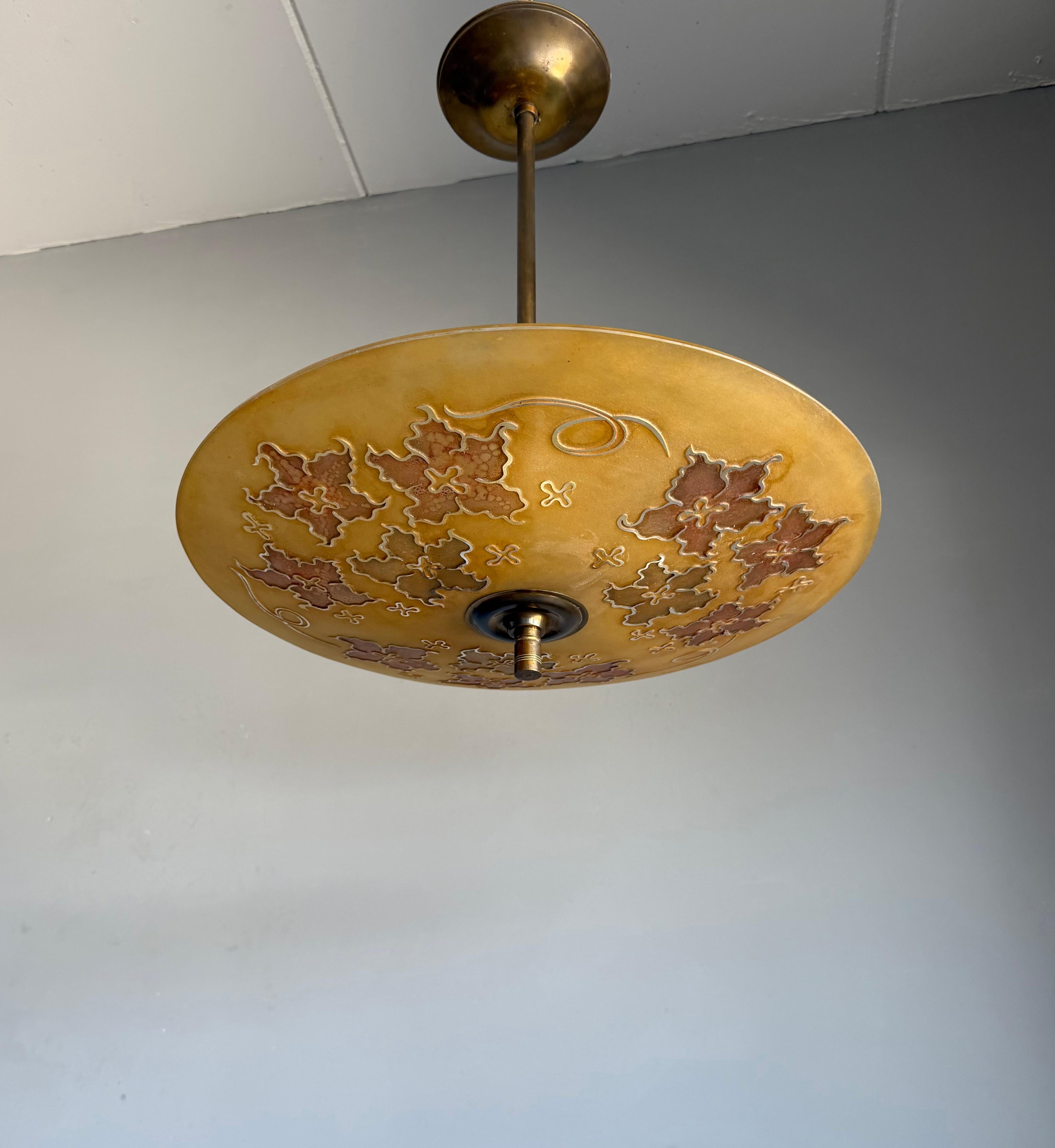 Brass Extra Large & Rare Blown & Engraved Glass Pendant Light with Stylised Leaf Motif For Sale