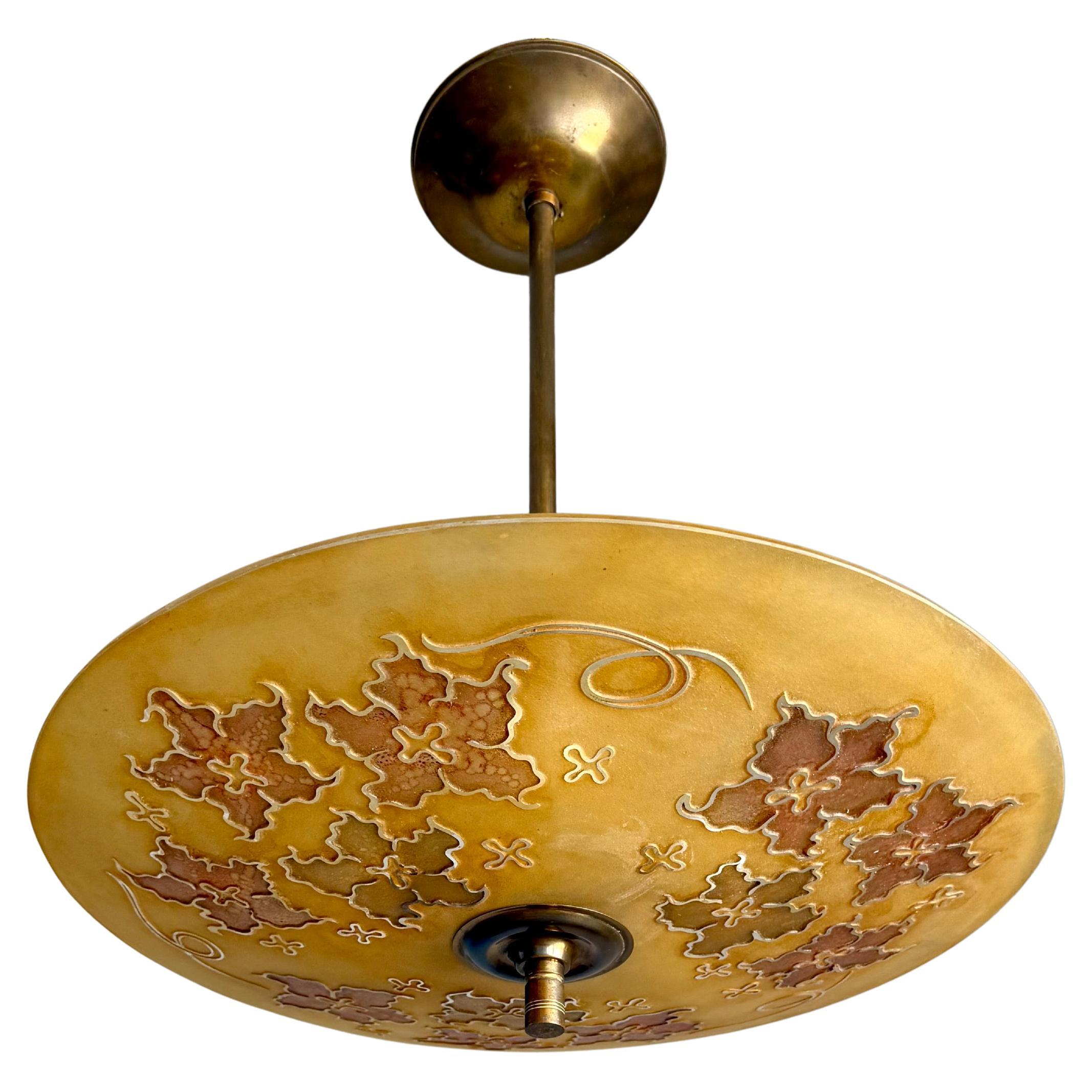 Extra Large & Rare Blown & Engraved Glass Pendant Light with Stylised Leaf Motif For Sale