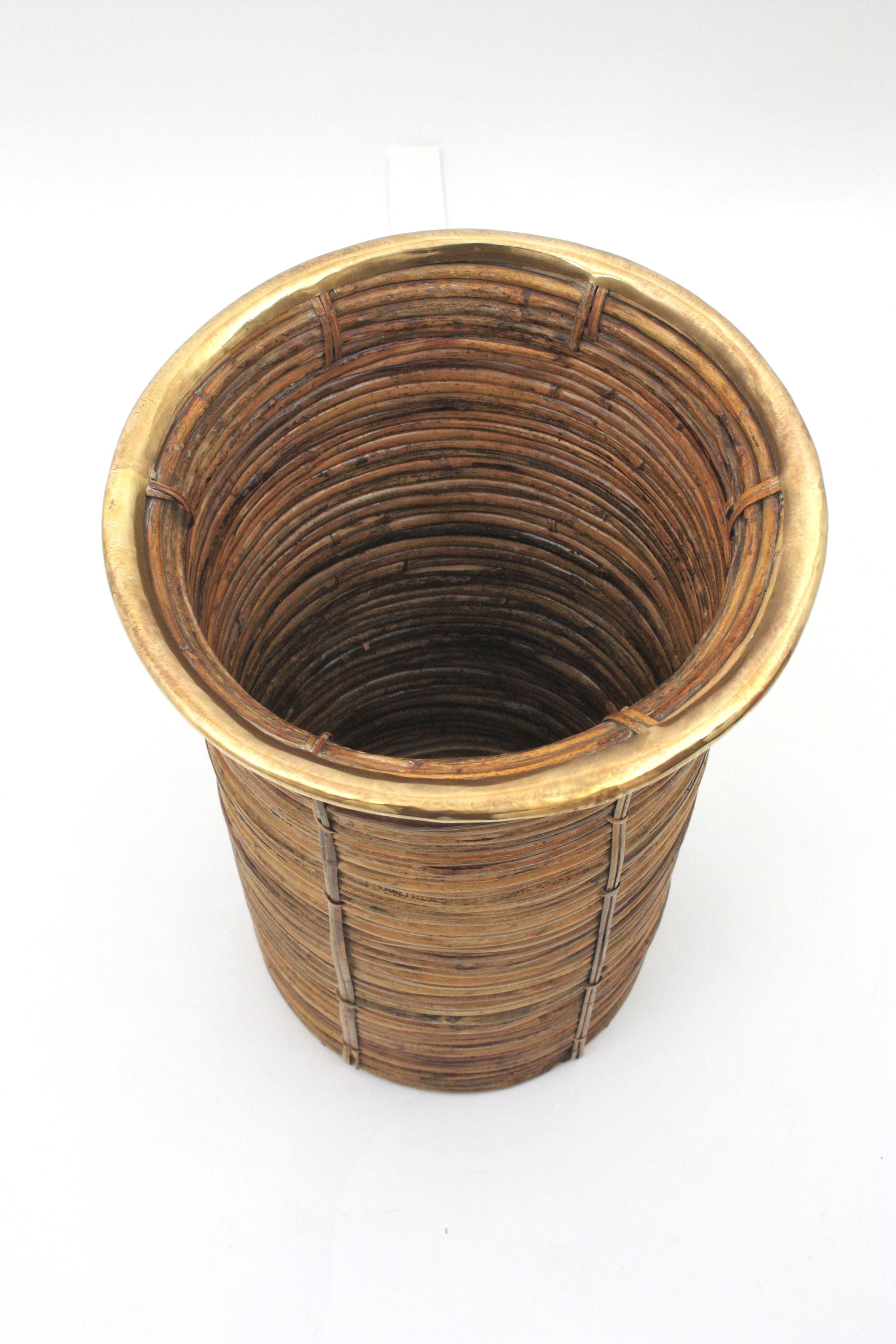 Extra Large Rattan Bamboo Umbrella Stand with Brass Rim, Italy 1960s For Sale 3