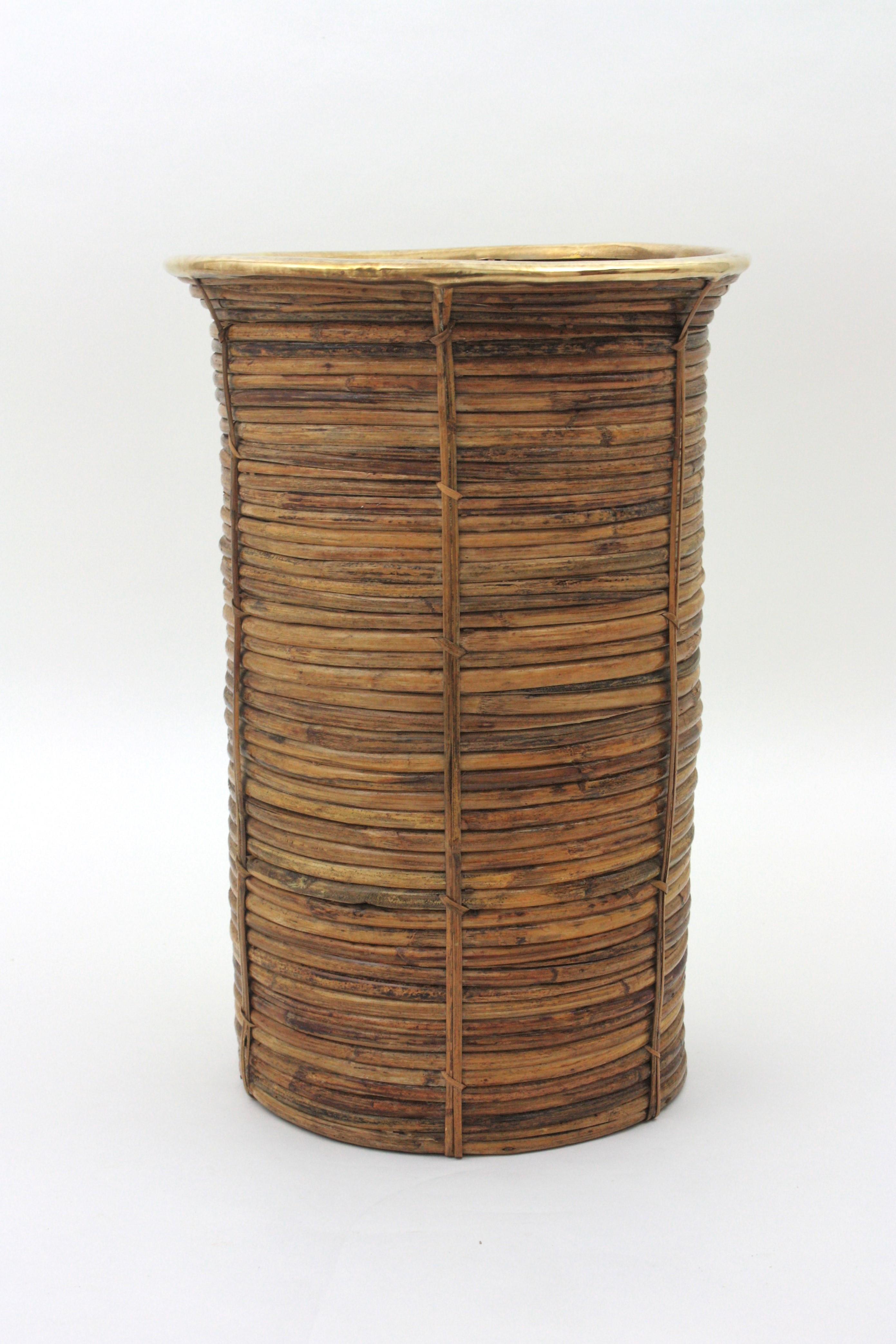 Extra Large Rattan Bamboo Umbrella Stand with Brass Rim, Italy 1960s For Sale 4