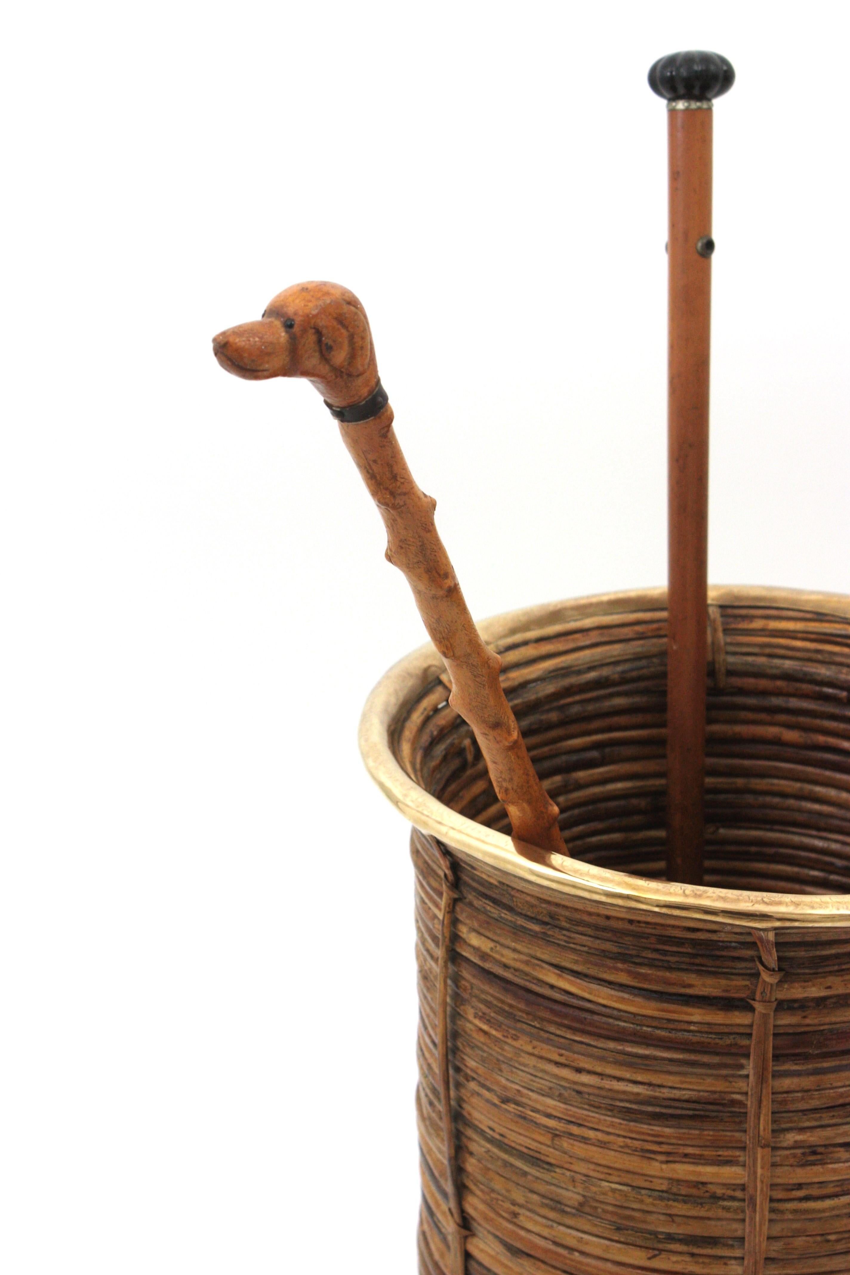 Extra Large Rattan Bamboo Umbrella Stand with Brass Rim, Italy 1960s For Sale 5
