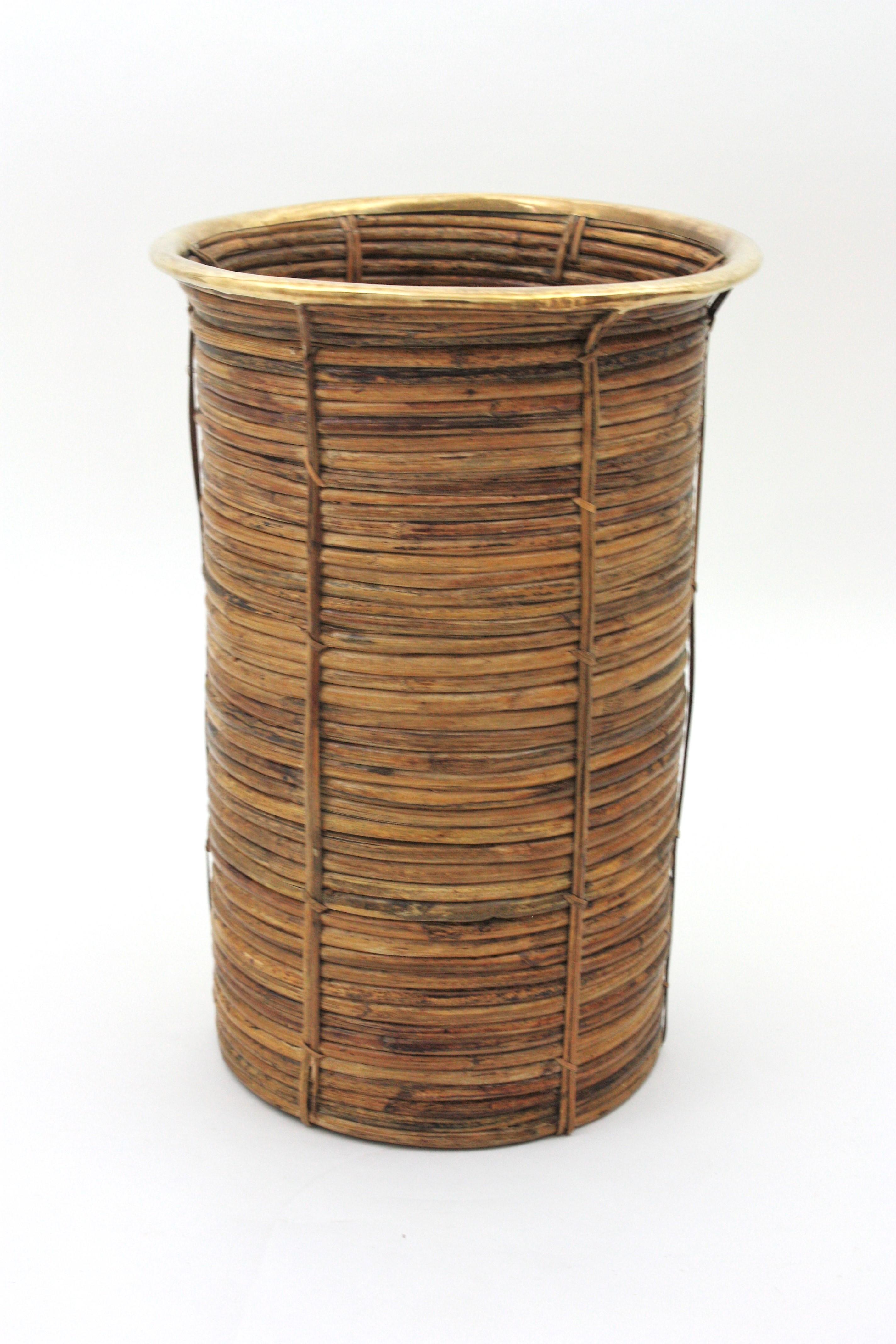Extra Large Rattan Bamboo Umbrella Stand with Brass Rim, Italy 1960s For Sale 6