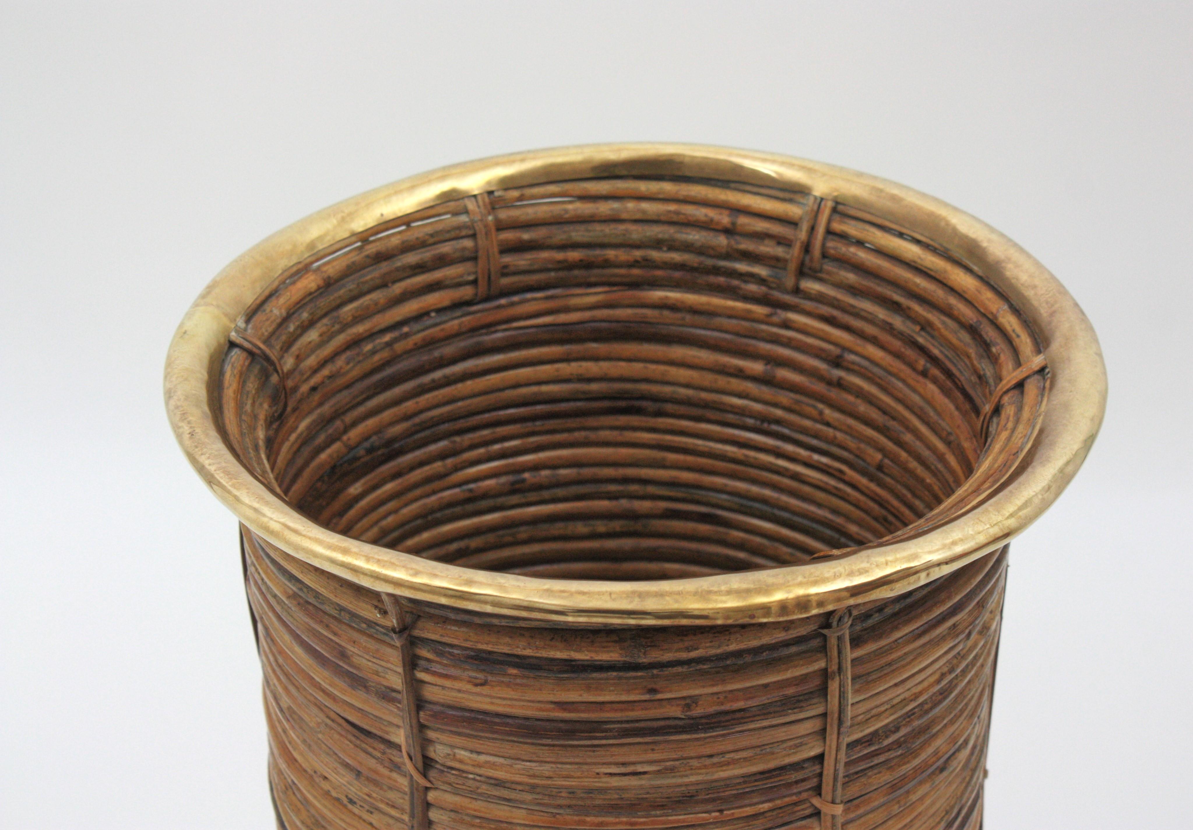 Extra Large Rattan Bamboo Umbrella Stand with Brass Rim, Italy 1960s For Sale 7