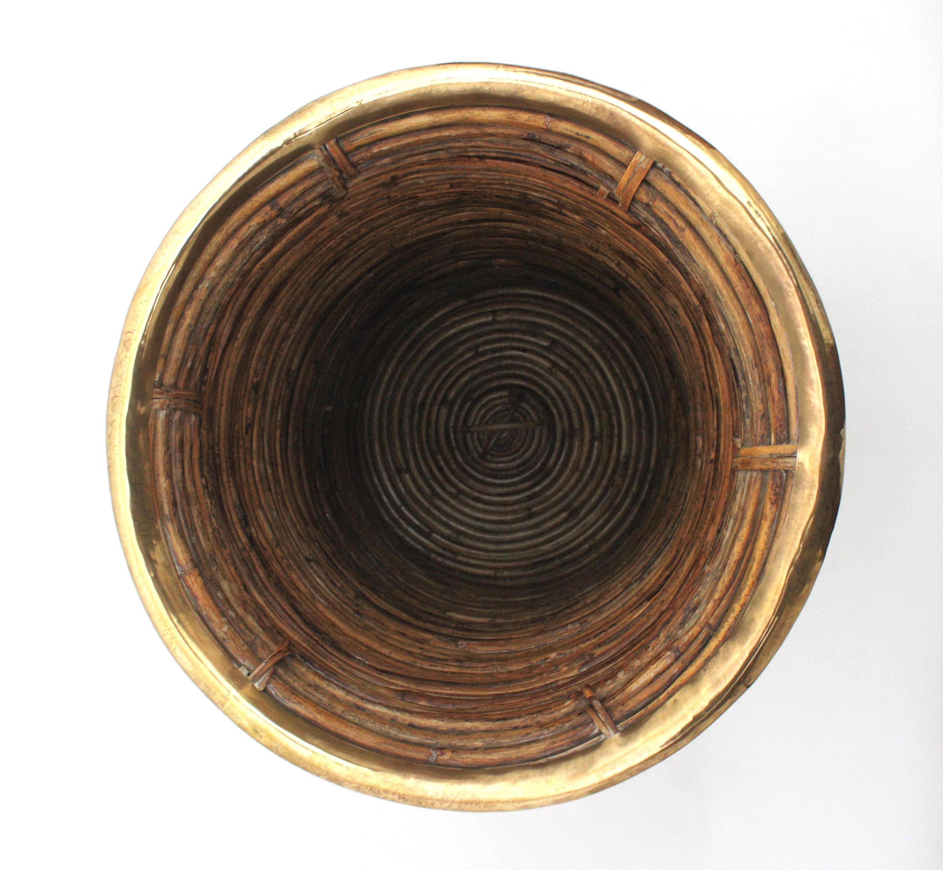 Extra Large Rattan Bamboo Umbrella Stand with Brass Rim, Italy 1960s For Sale 8