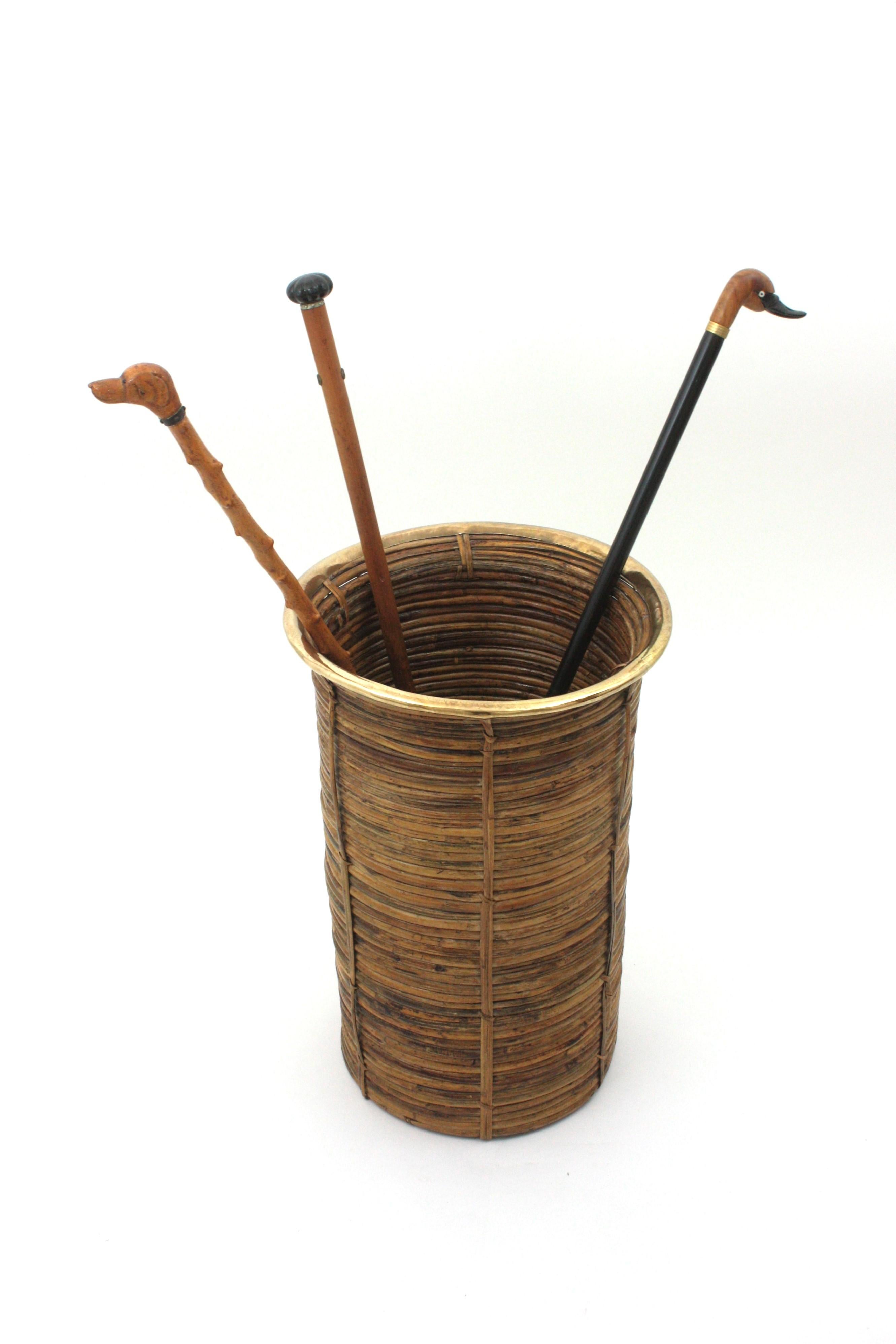 Extra Large Rattan Bamboo Umbrella Stand with Brass Rim, Italy 1960s For Sale 10