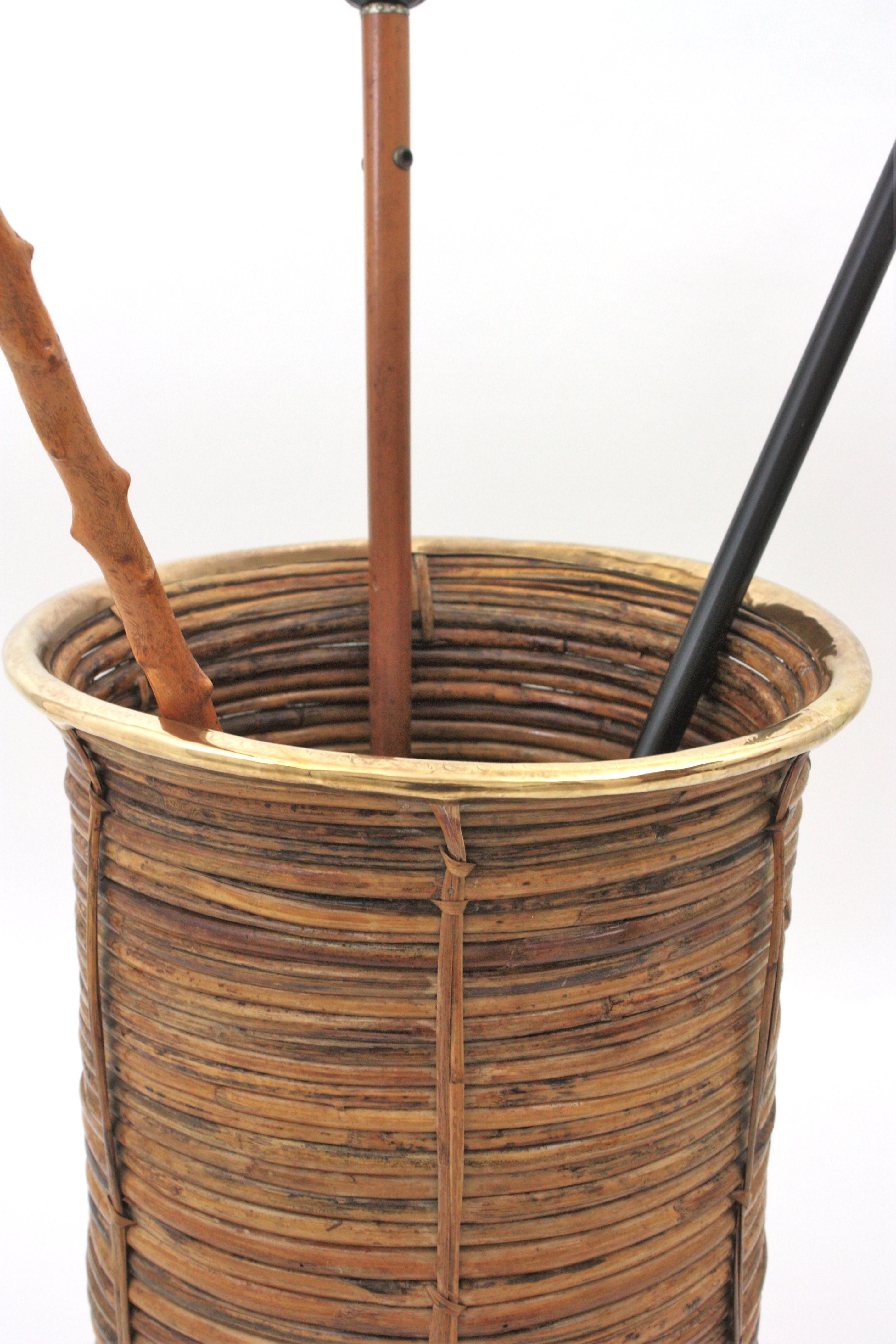 Italian Extra Large Rattan Bamboo Umbrella Stand with Brass Rim, Italy 1960s For Sale