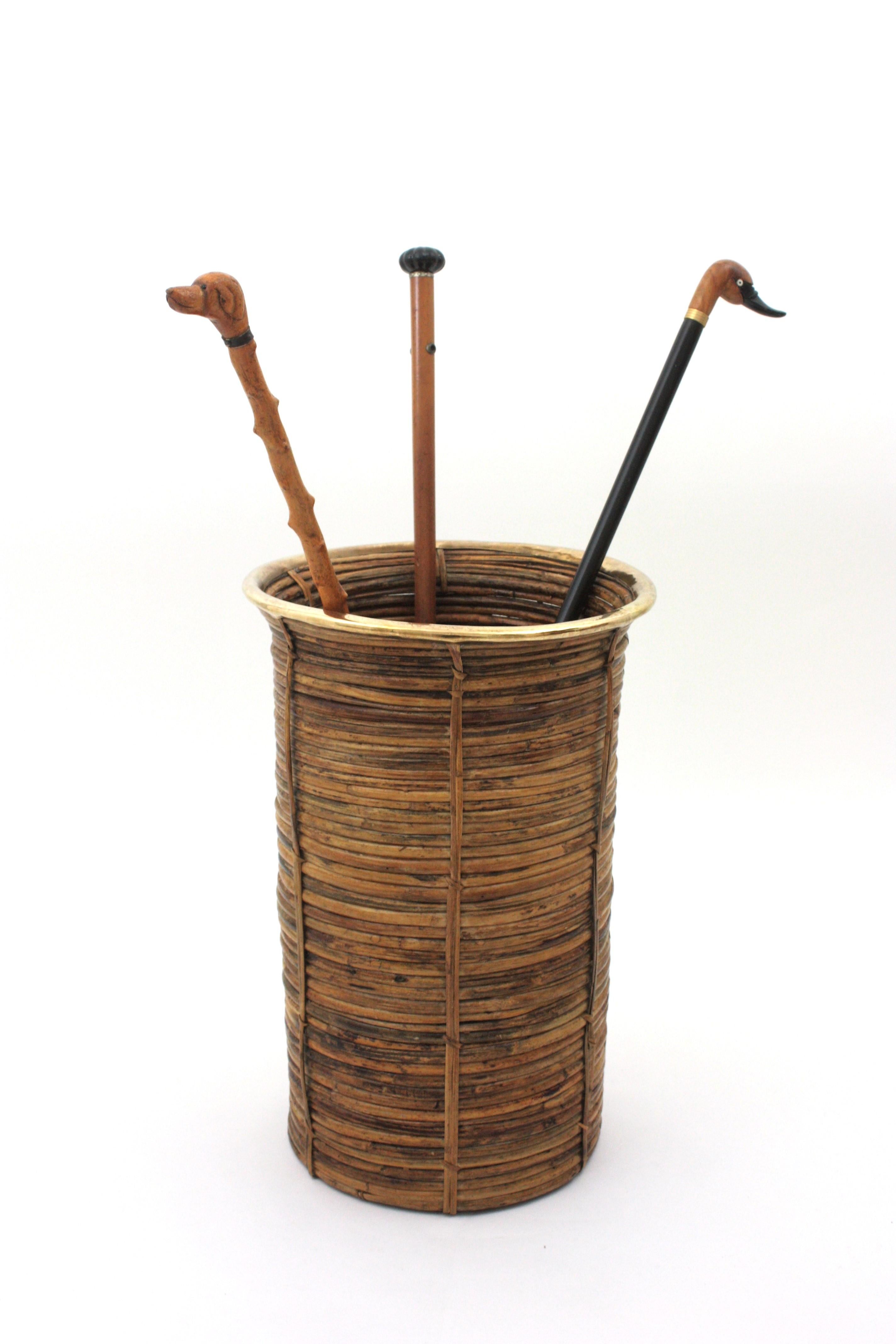 20th Century Extra Large Rattan Bamboo Umbrella Stand with Brass Rim, Italy 1960s For Sale
