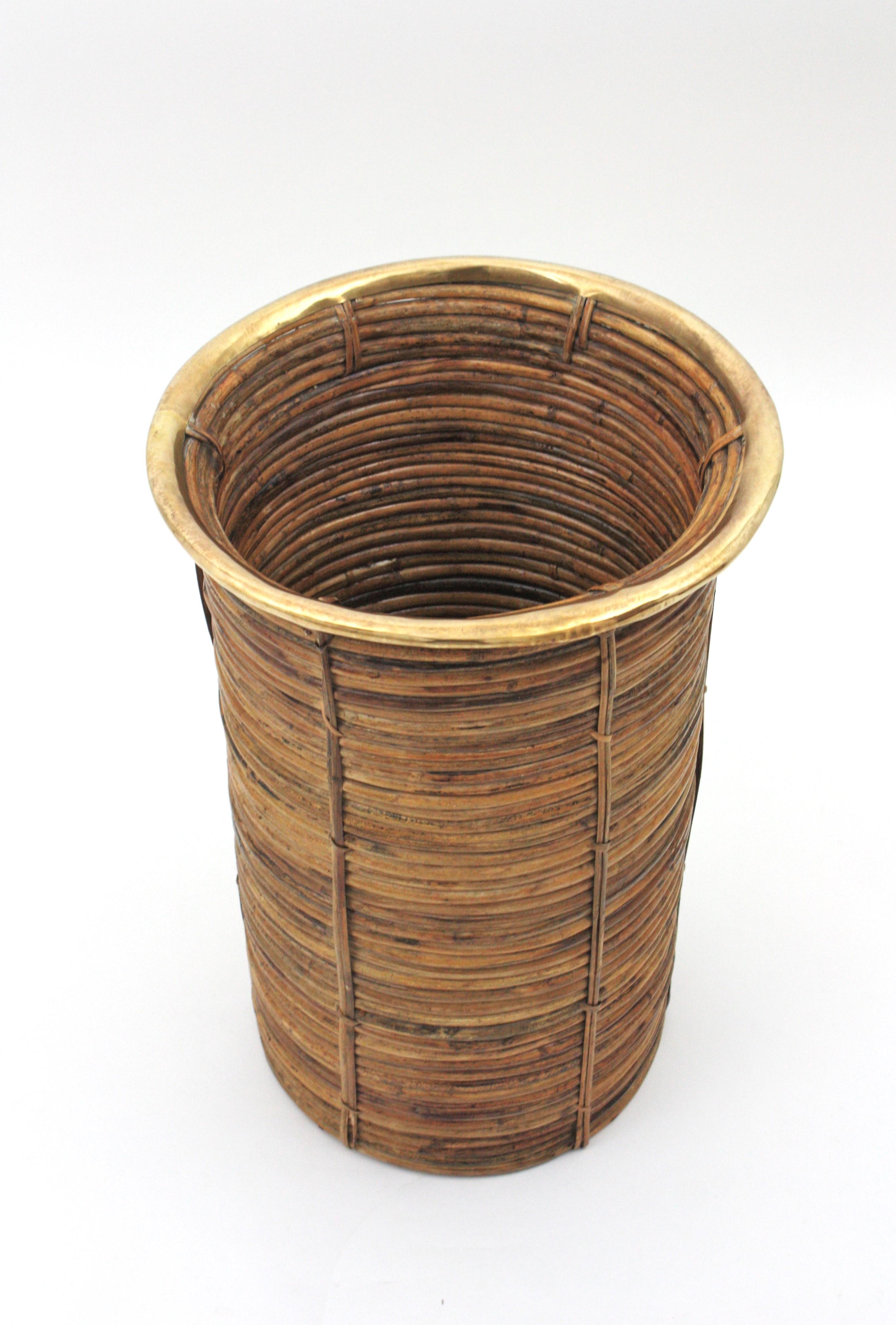 Extra Large Rattan Bamboo Umbrella Stand with Brass Rim, Italy 1960s For Sale 1