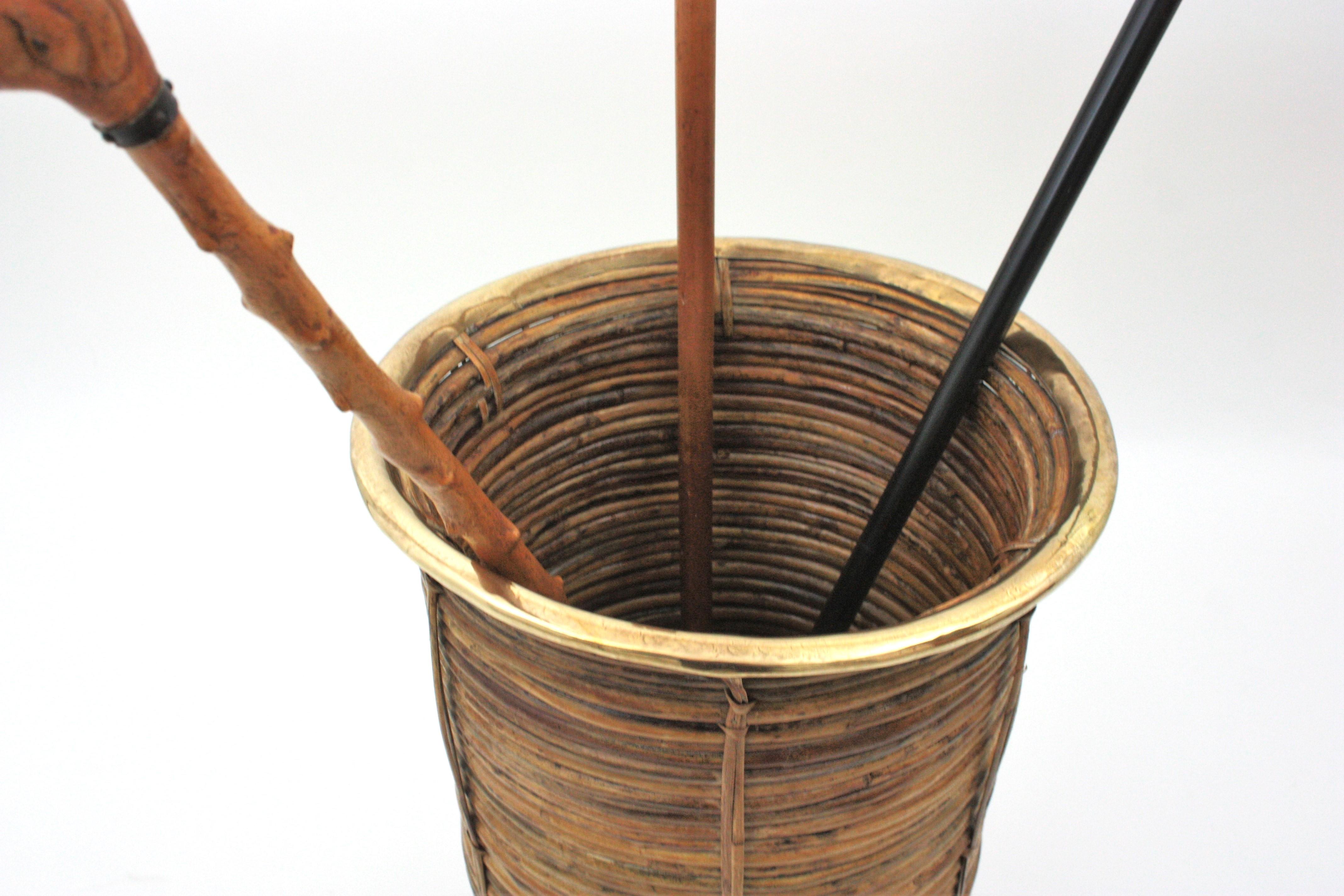 Extra Large Rattan Bamboo Umbrella Stand with Brass Rim, Italy 1960s For Sale 2