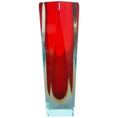 Extra Large Red Mandruzzato Faceted Glass Sommerso Vase Made in Murano, Italy