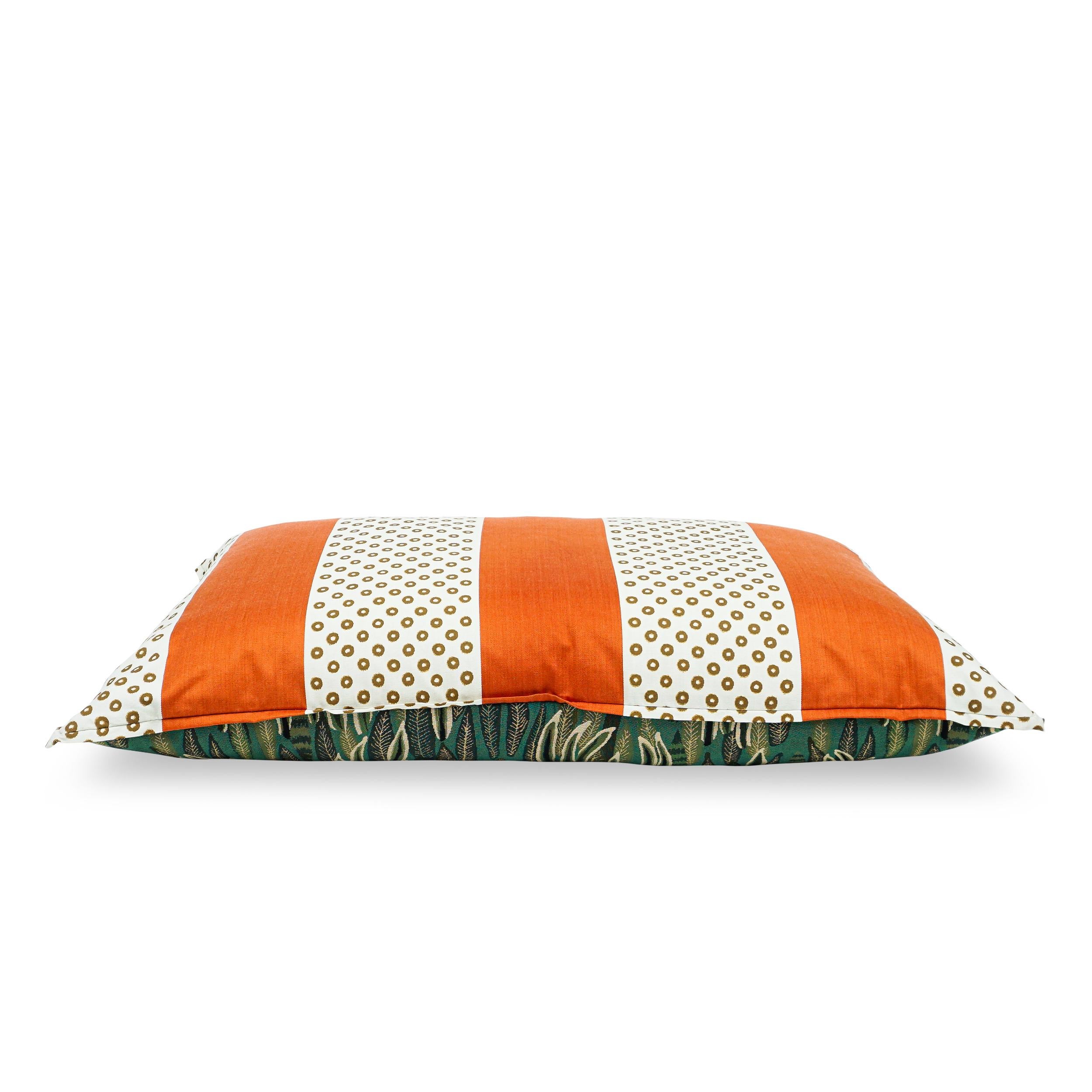 Extra Large Reversible Throw Pillow with Orange Stripes, Ikat Dots and Leaves For Sale 6