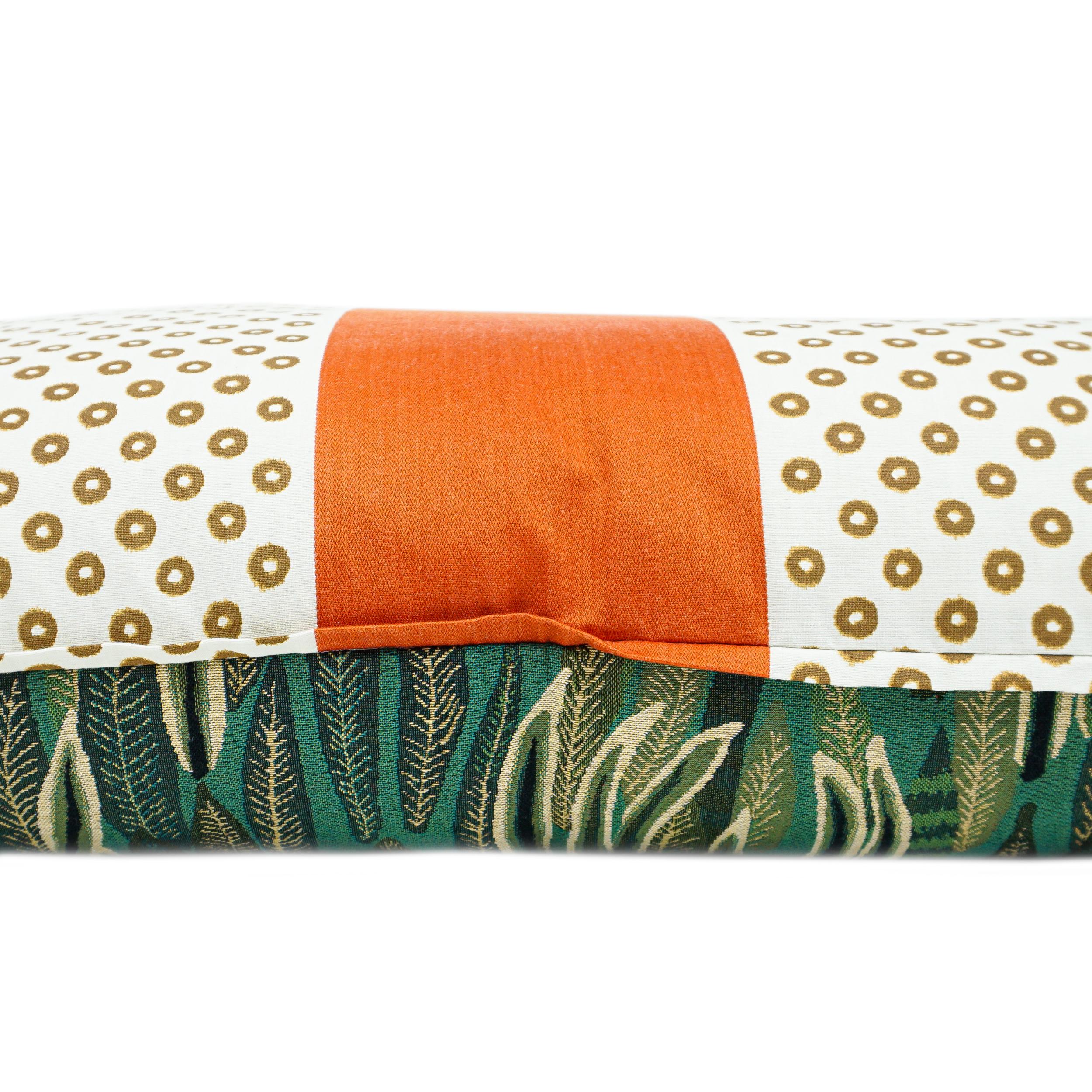 Extra Large Reversible Throw Pillow with Orange Stripes, Ikat Dots and Leaves For Sale 7