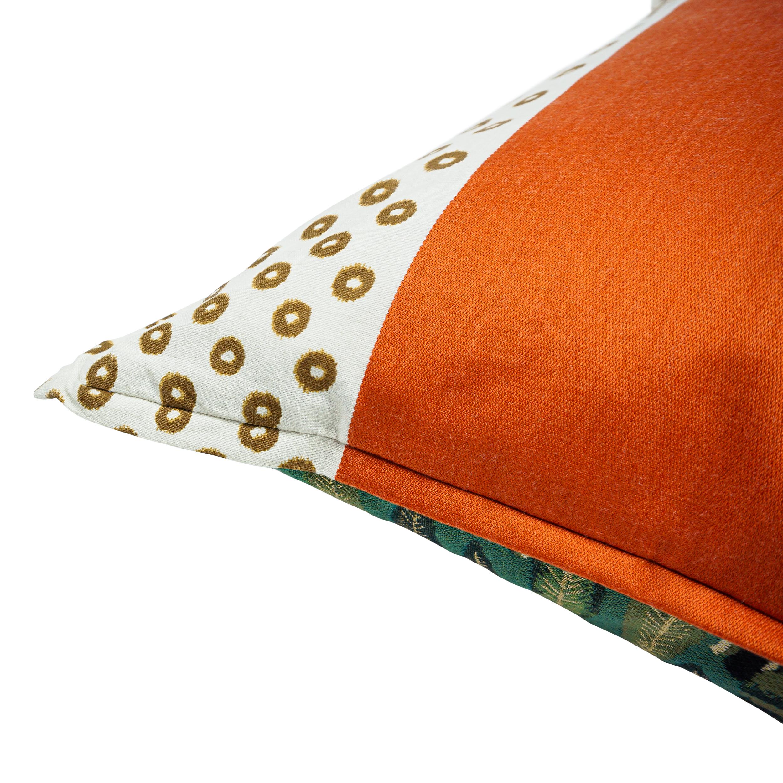 Extra Large Reversible Throw Pillow with Orange Stripes, Ikat Dots and Leaves For Sale 8