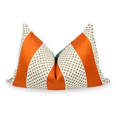 Extra Large Reversible Throw Pillow with Orange Stripes, Ikat Dots and Leaves