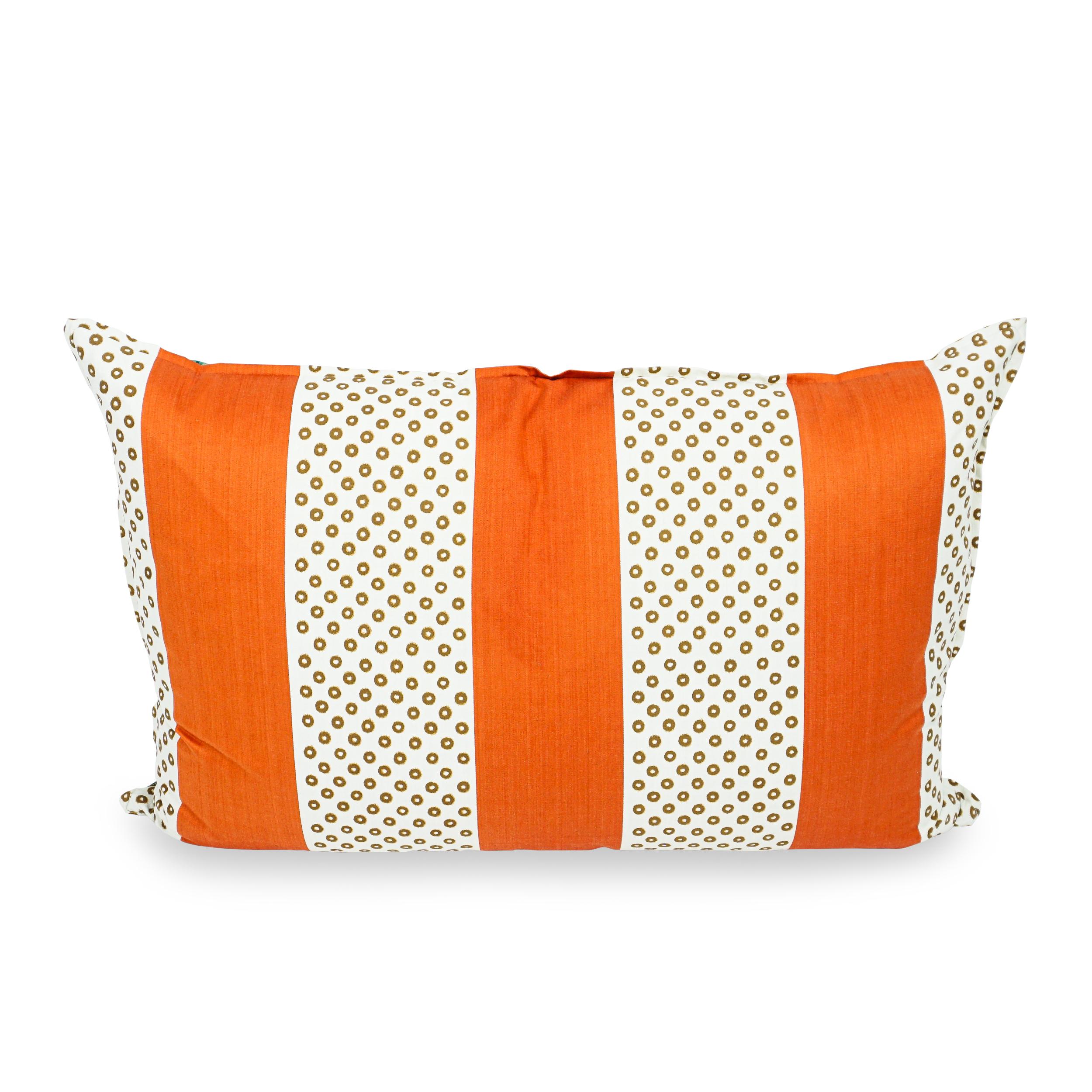 Extra Large Reversible Throw Pillow with Orange Stripes, Ikat Dots and Leaves For Sale 2