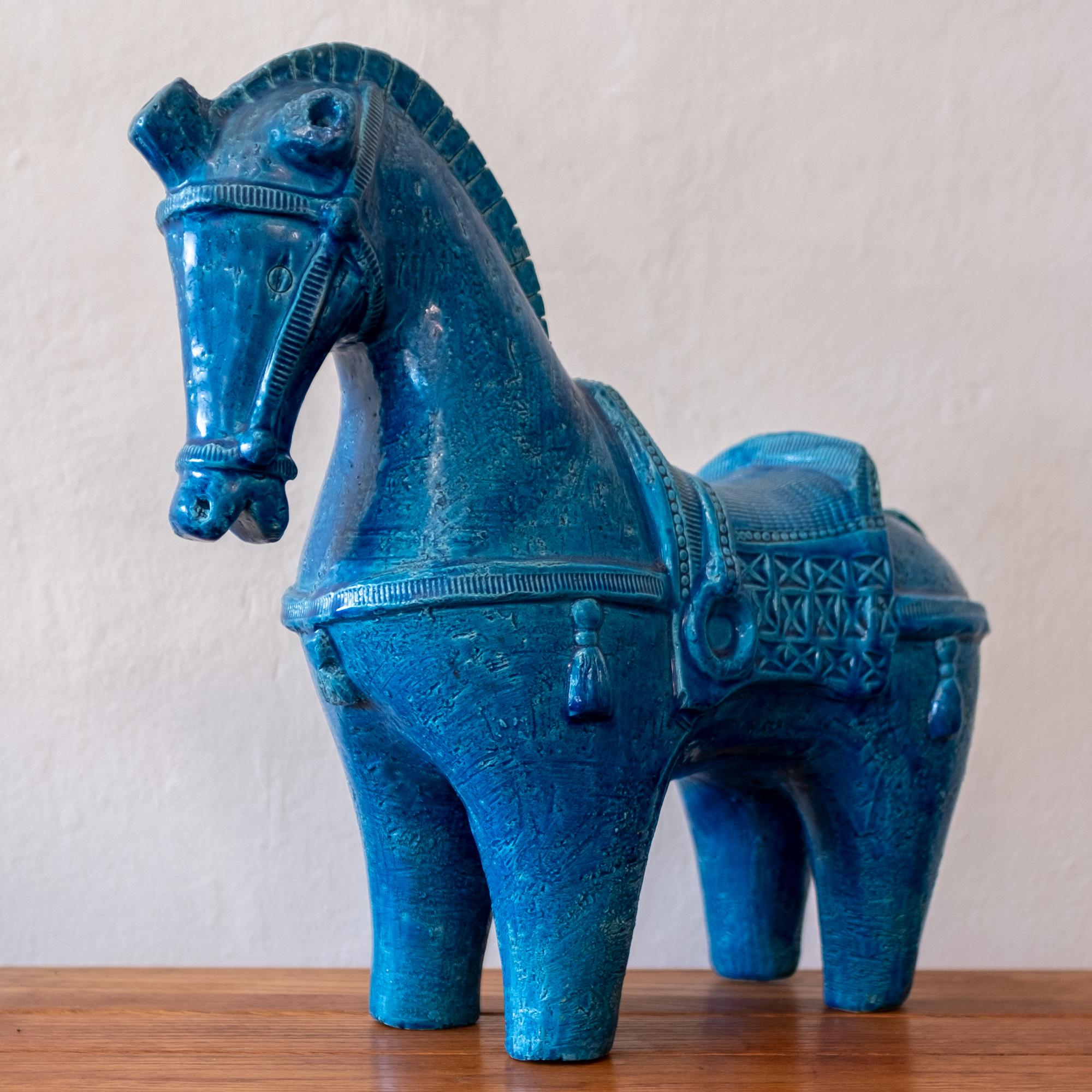 Monumental Rimini blue ceramic horse sculpture by Aldo Londi for Bitossi, Italy, 1960s.