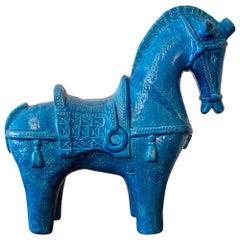 Très grand cheval en céramique "Rimini Blu" par Aldo Londi pour Bitossi:: années 1960