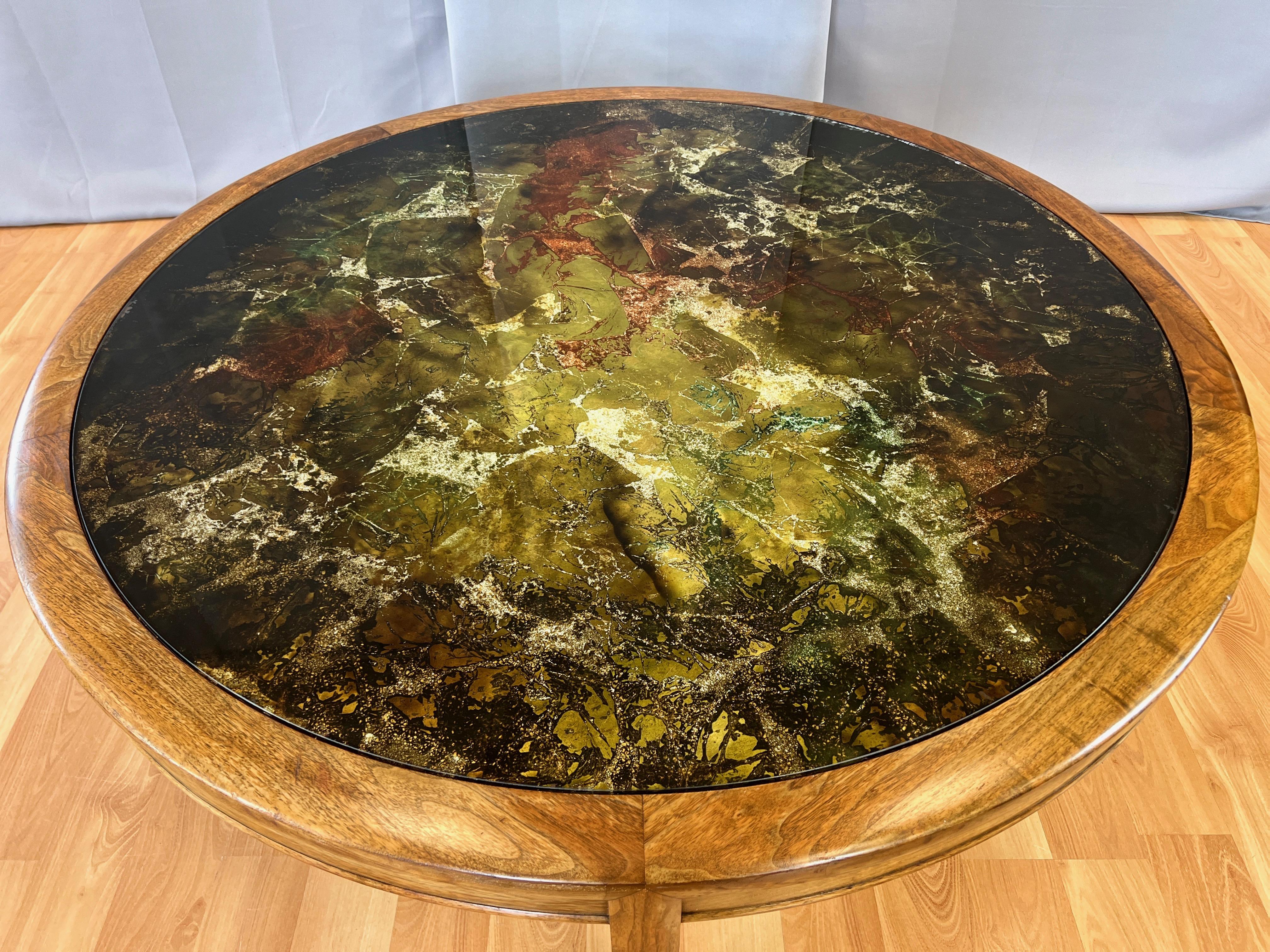 Extra-Large Round Abstract Verre Églomisé and Walnut Coffee Table, Late 1960s 2