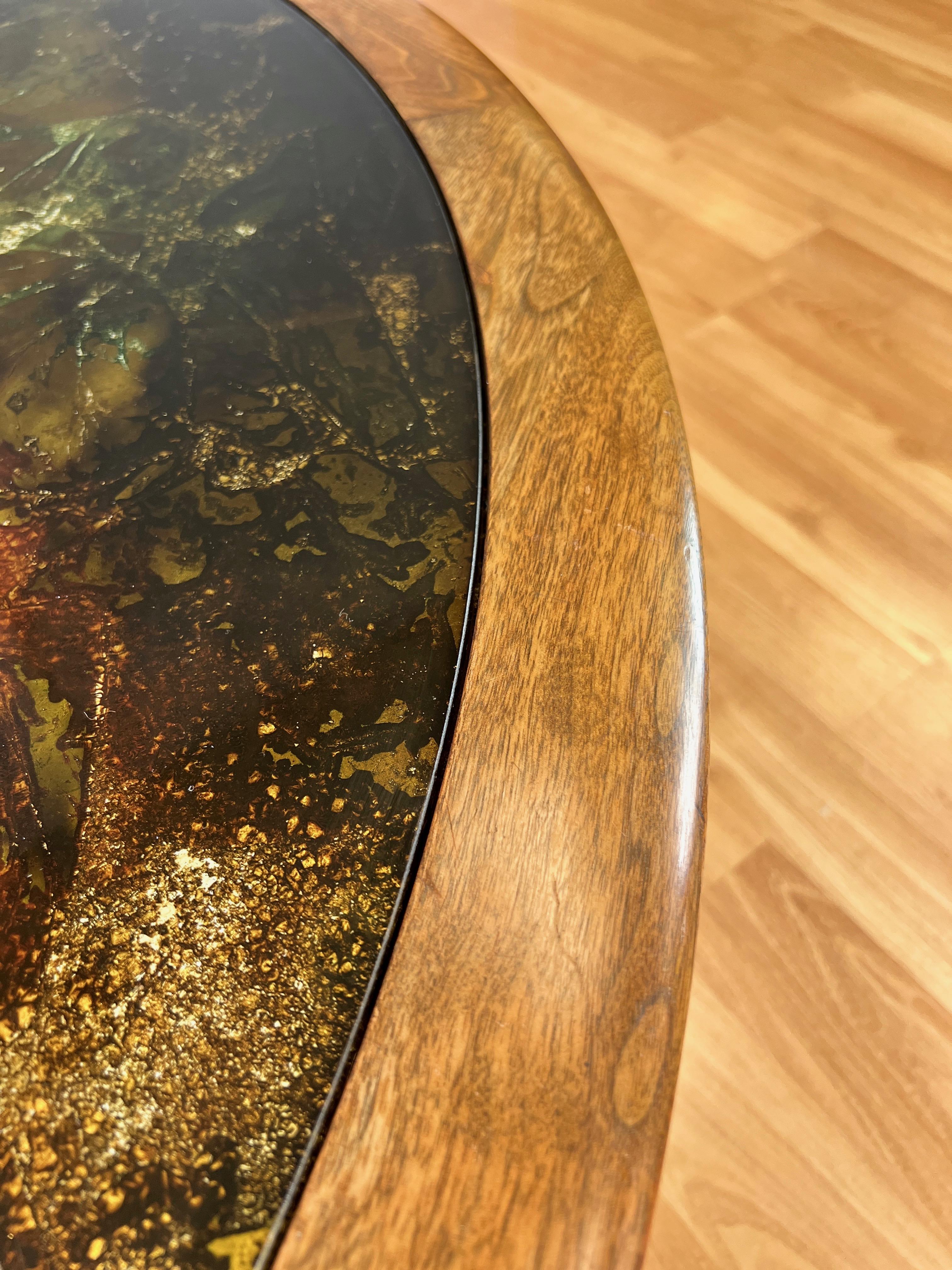Extra-Large Round Abstract Verre Églomisé and Walnut Coffee Table, Late 1960s 6