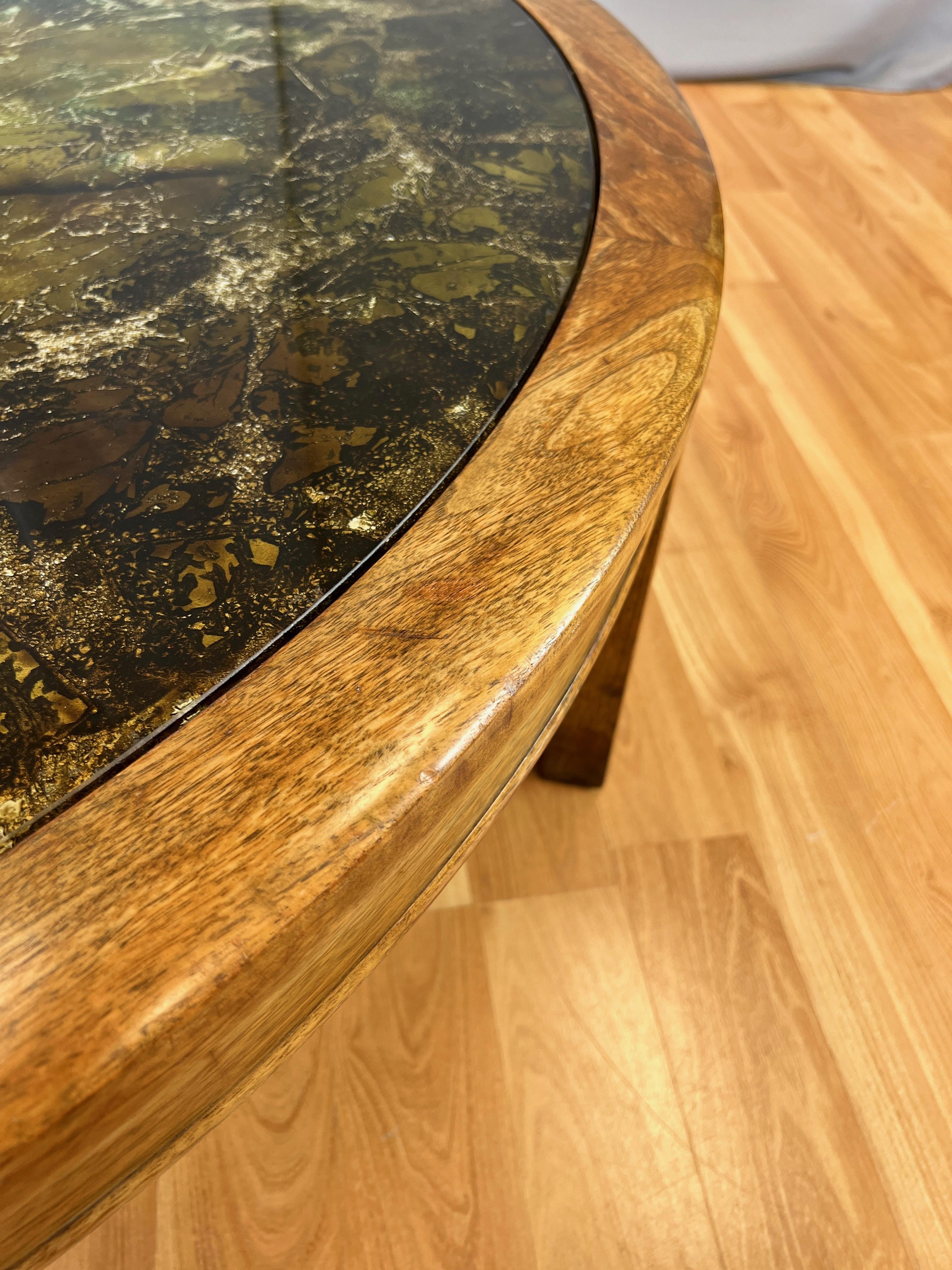 Extra-Large Round Abstract Verre Églomisé and Walnut Coffee Table, Late 1960s 7