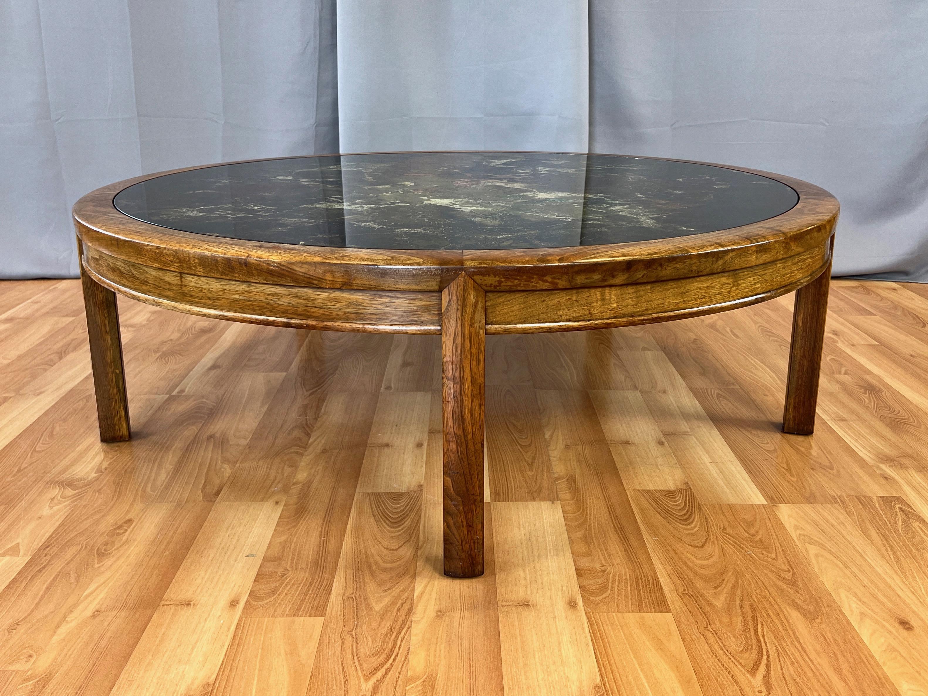 American Extra-Large Round Abstract Verre Églomisé and Walnut Coffee Table, Late 1960s