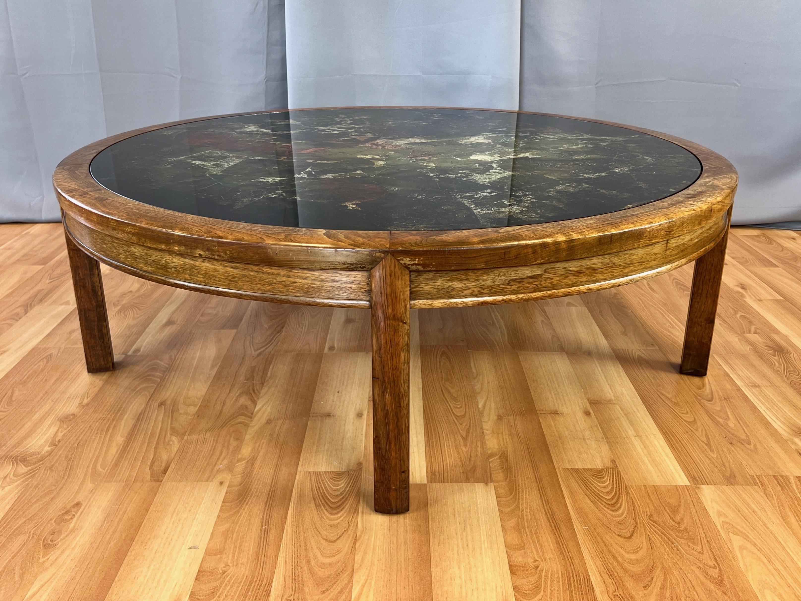 Gilt Extra-Large Round Abstract Verre Églomisé and Walnut Coffee Table, Late 1960s