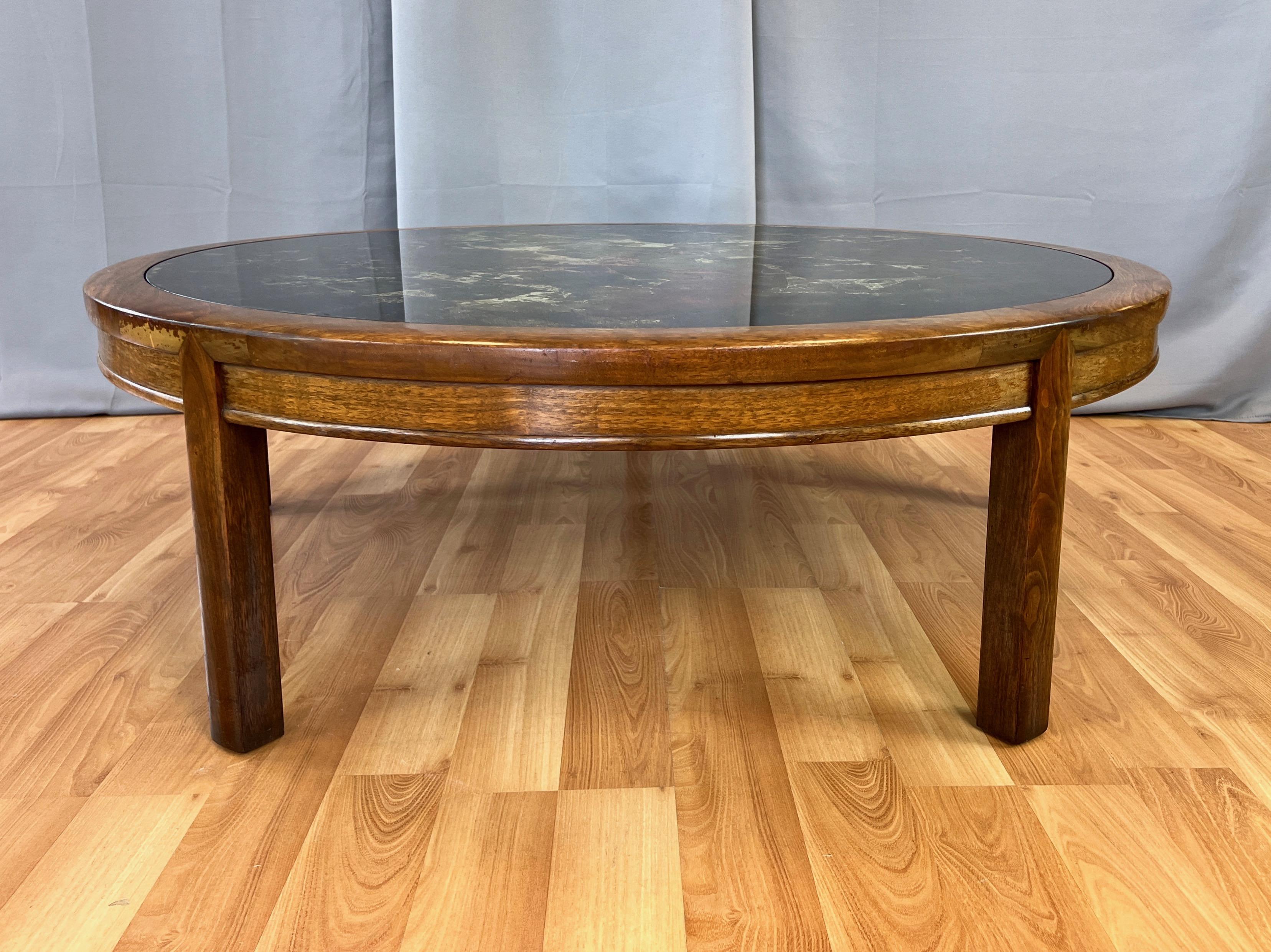 Extra-Large Round Abstract Verre Églomisé and Walnut Coffee Table, Late 1960s In Good Condition In San Francisco, CA
