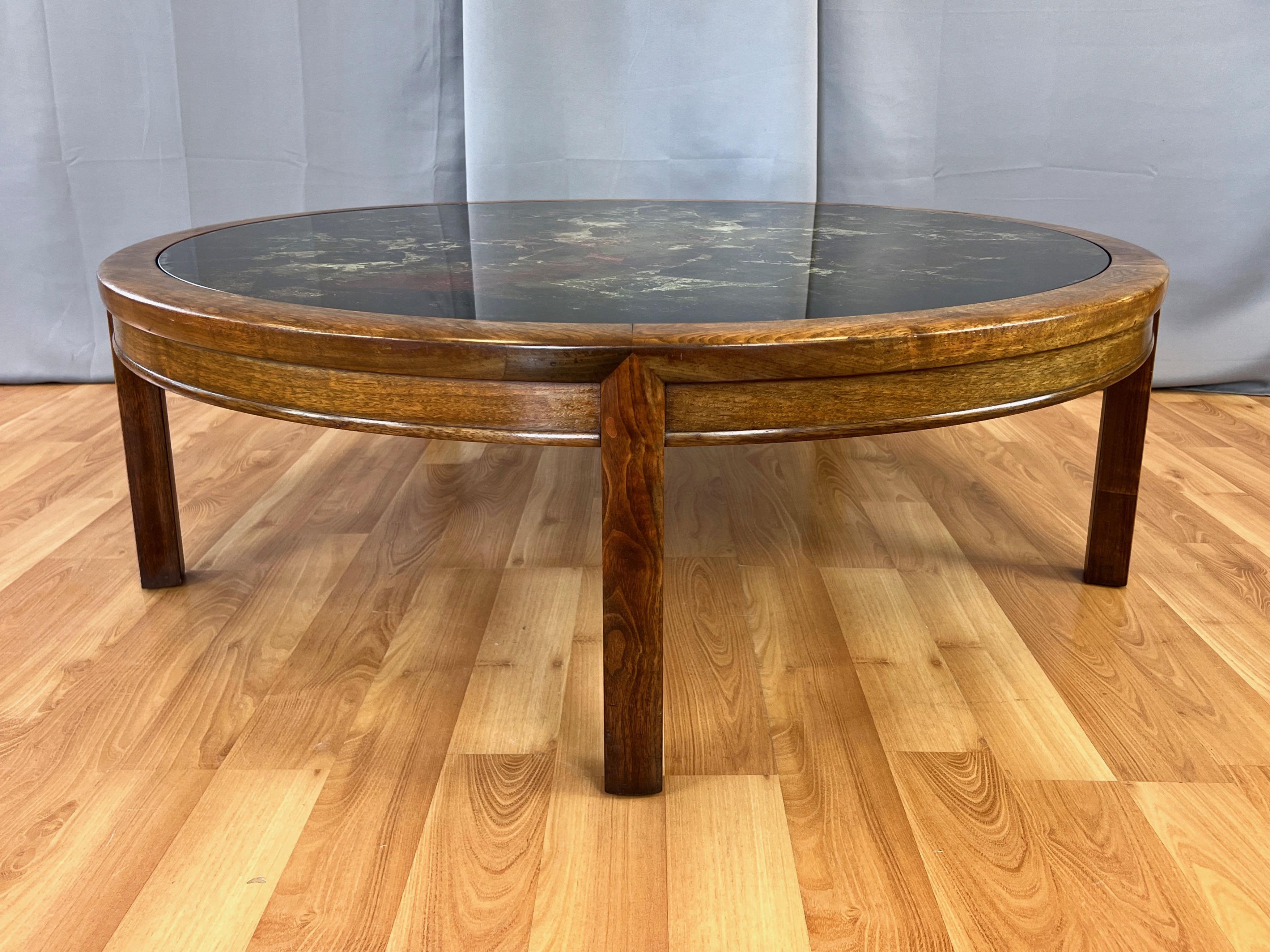 Mid-20th Century Extra-Large Round Abstract Verre Églomisé and Walnut Coffee Table, Late 1960s