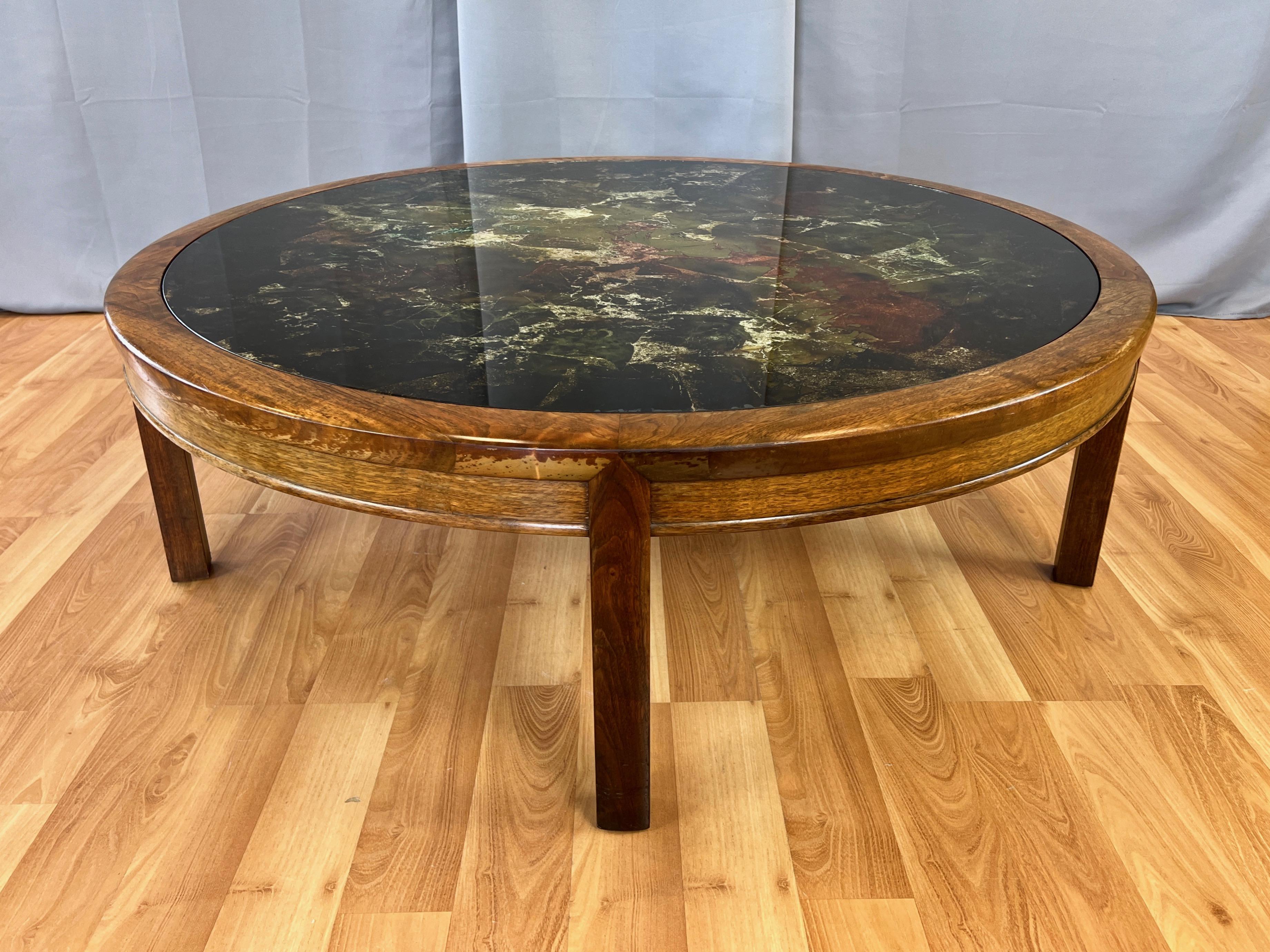 Copper Extra-Large Round Abstract Verre Églomisé and Walnut Coffee Table, Late 1960s