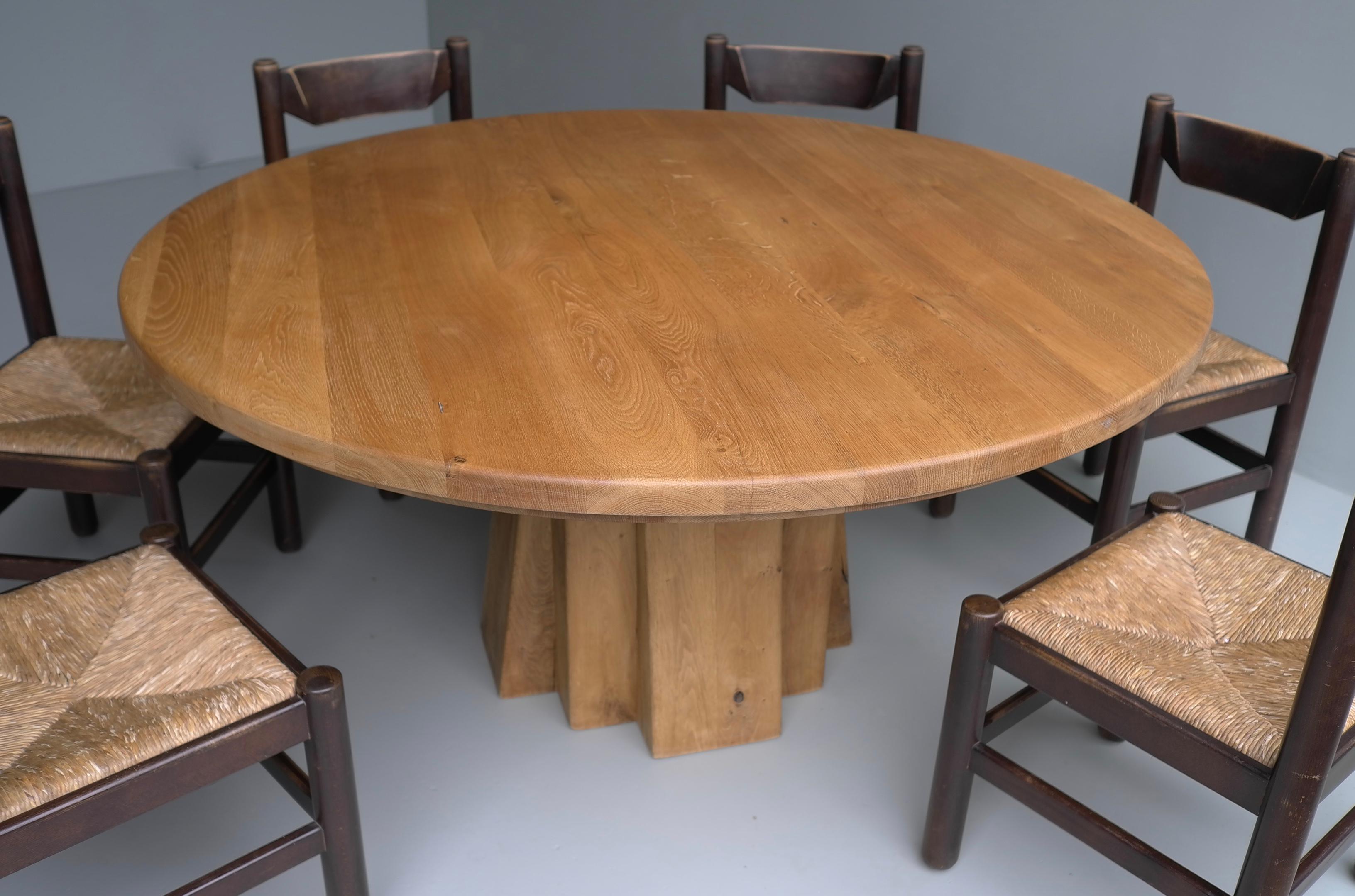 Extra Large Round Oak Sculptural Dining Table with Six Wooden and Rush Chairs 3