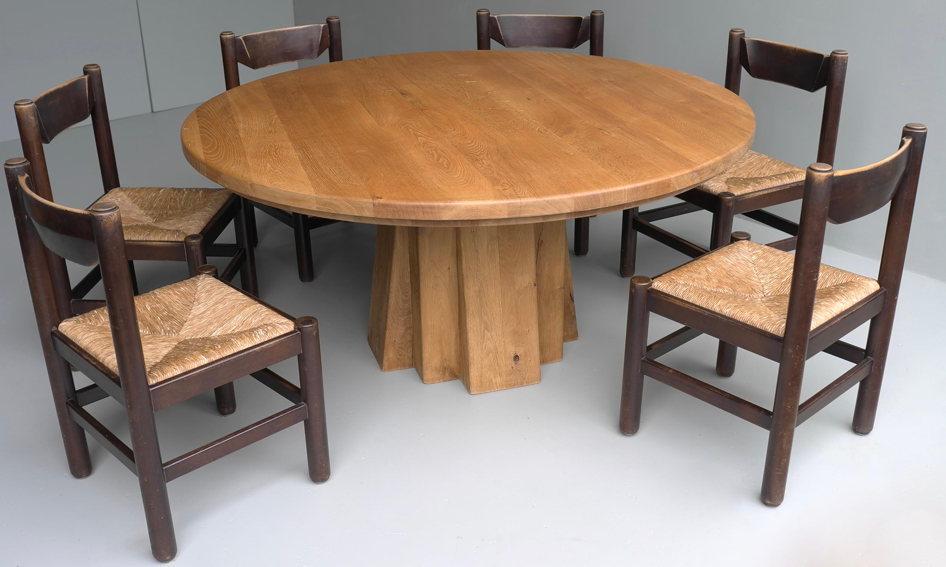 Extra Large Round Oak Sculptural Dining Table with Six Wooden and Rush Chairs 4