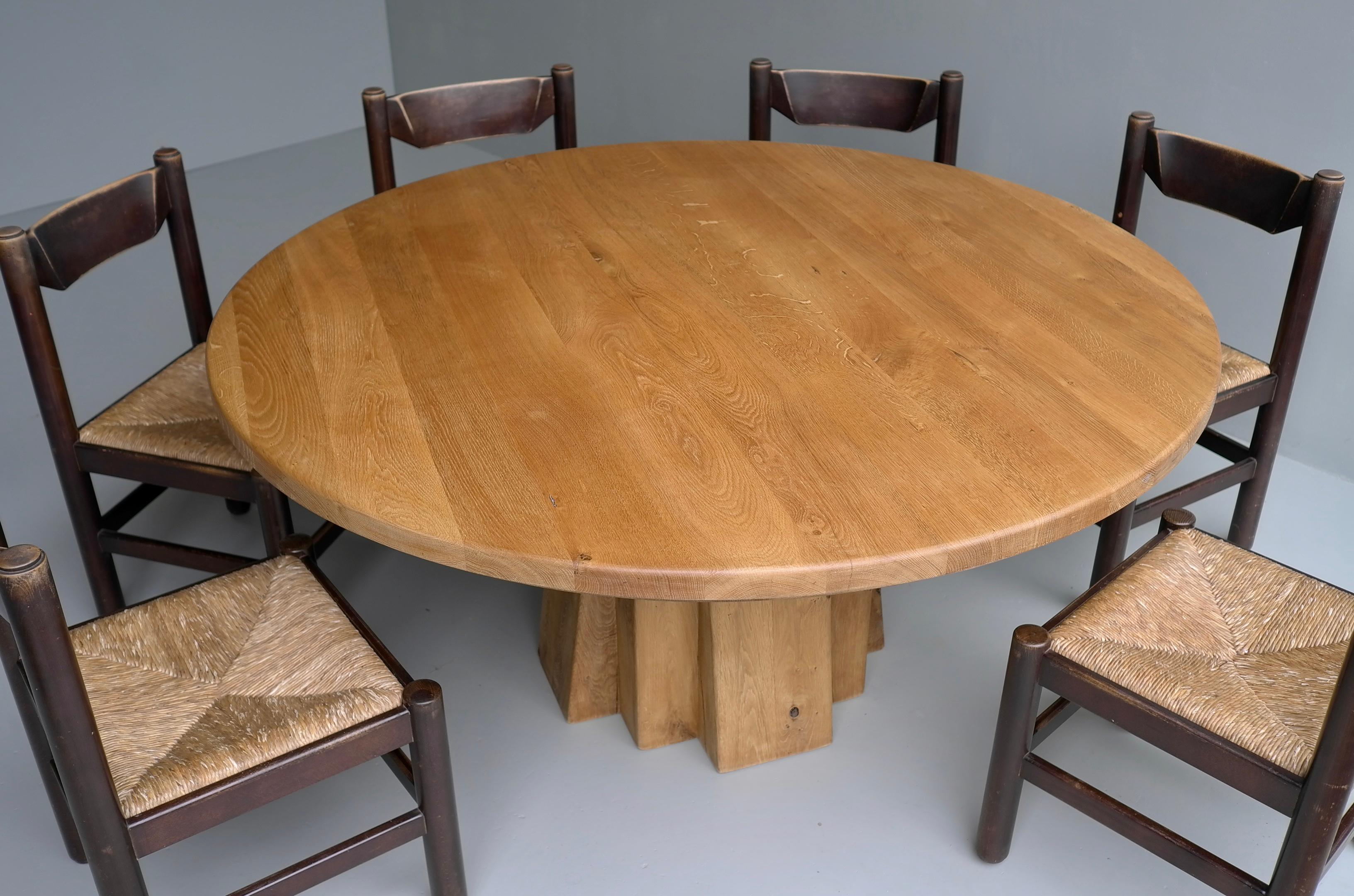 Extra Large Round Oak Sculptural Dining Table with Six Wooden and Rush Chairs 5