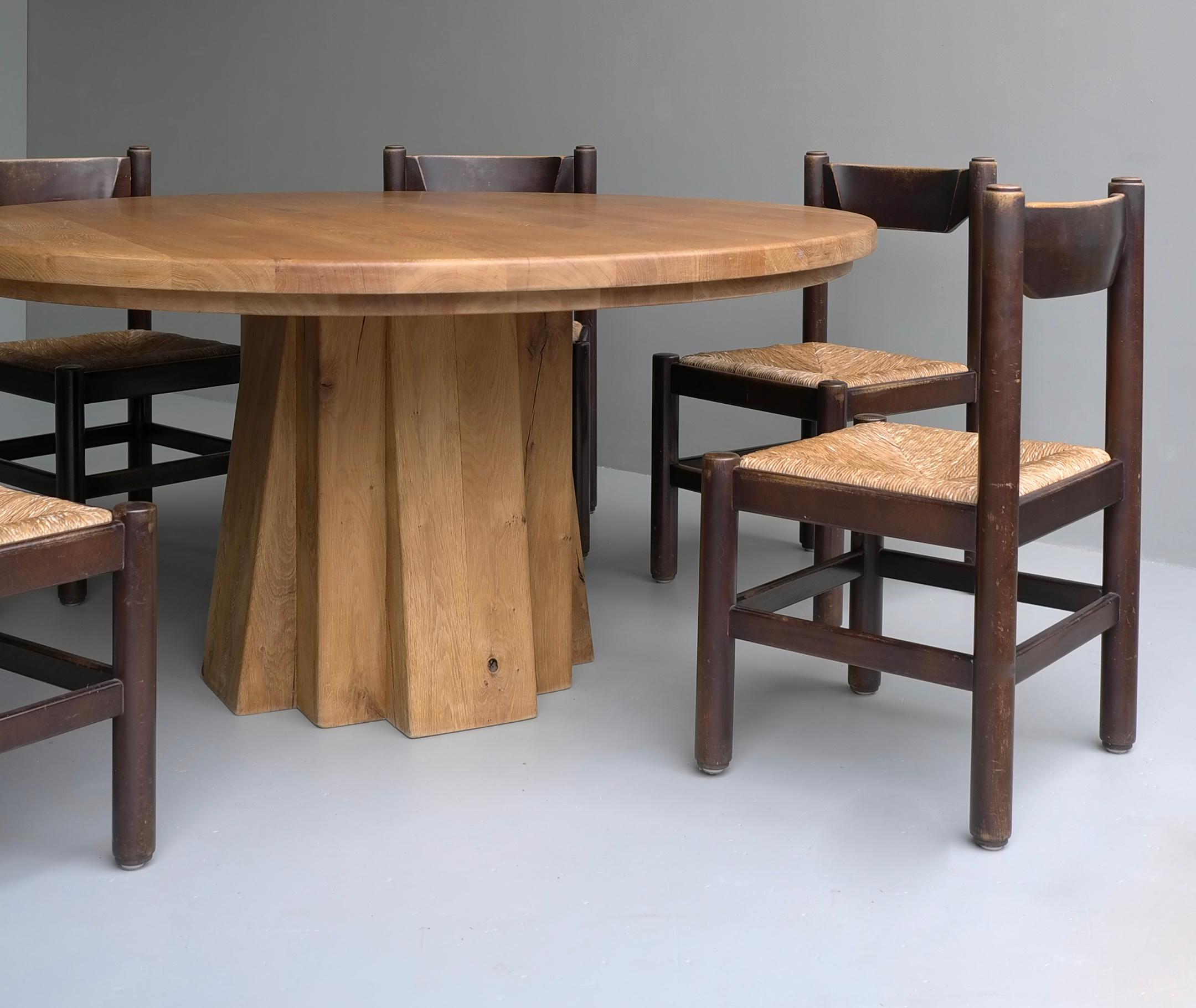 Extra Large Round Oak Sculptural Dining Table with Six Wooden and Rush Chairs 6