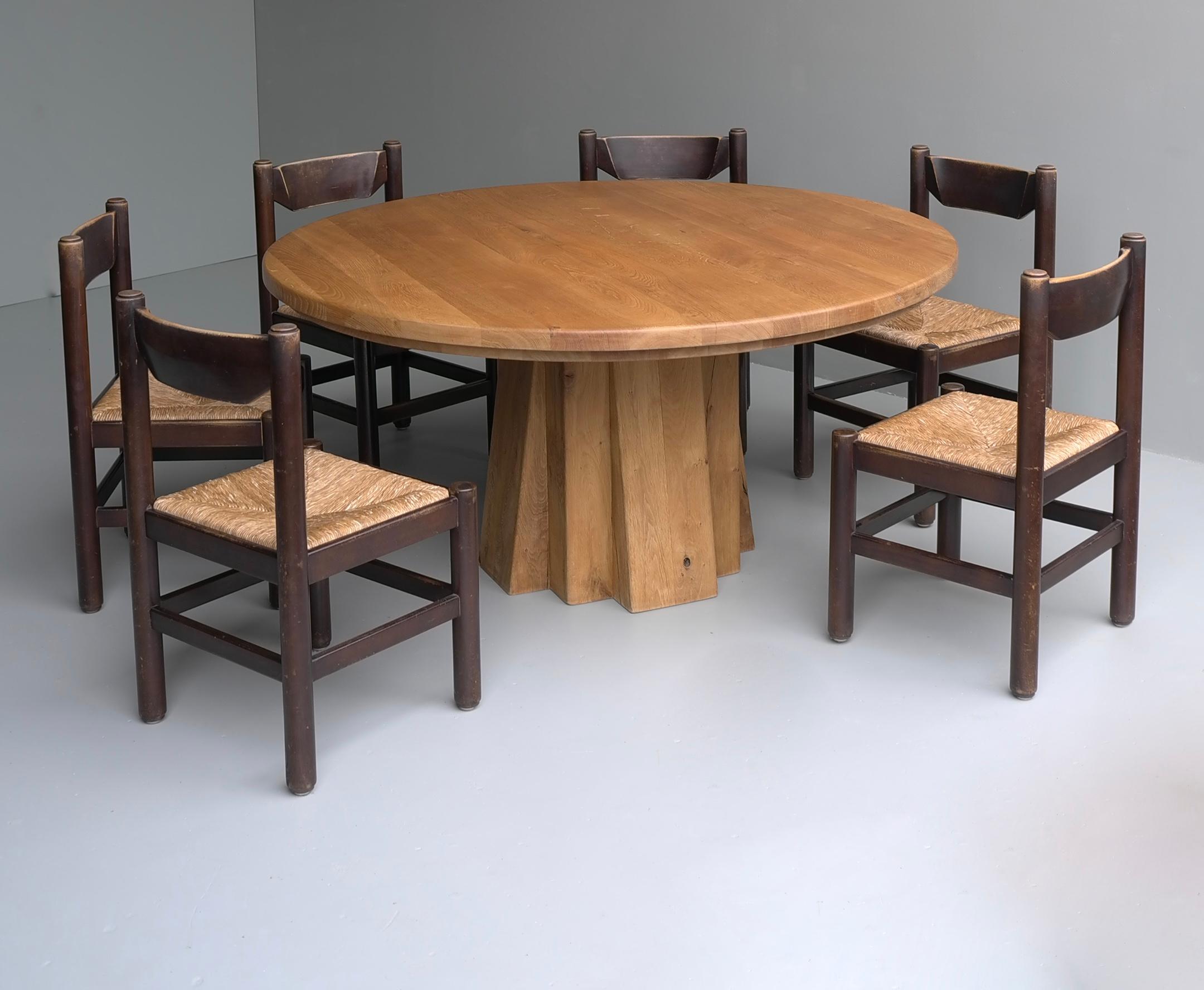Extra Large Round Oak Sculptural Dining Table with Six Wooden and Rush Chairs 7