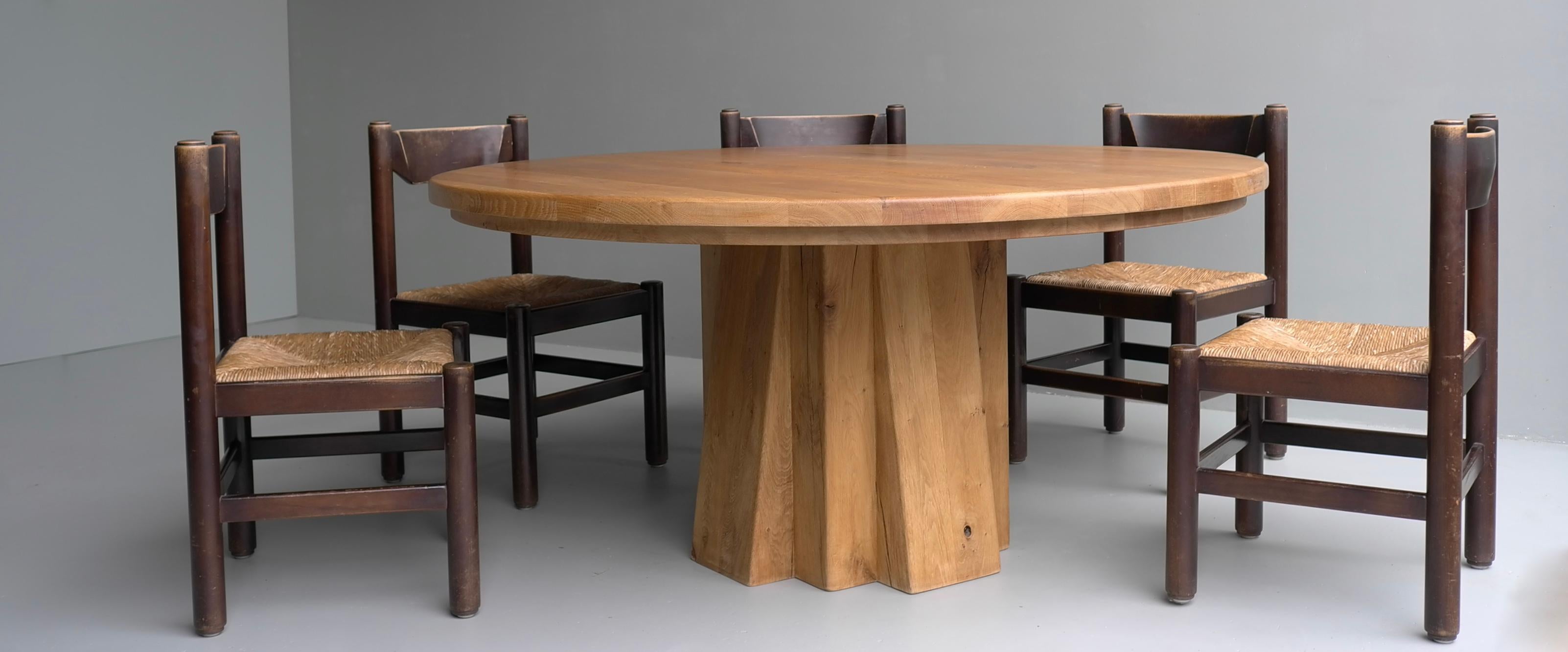 Extra Large Round Oak Sculptural Dining Table with Six Wooden and Rush Chairs 10