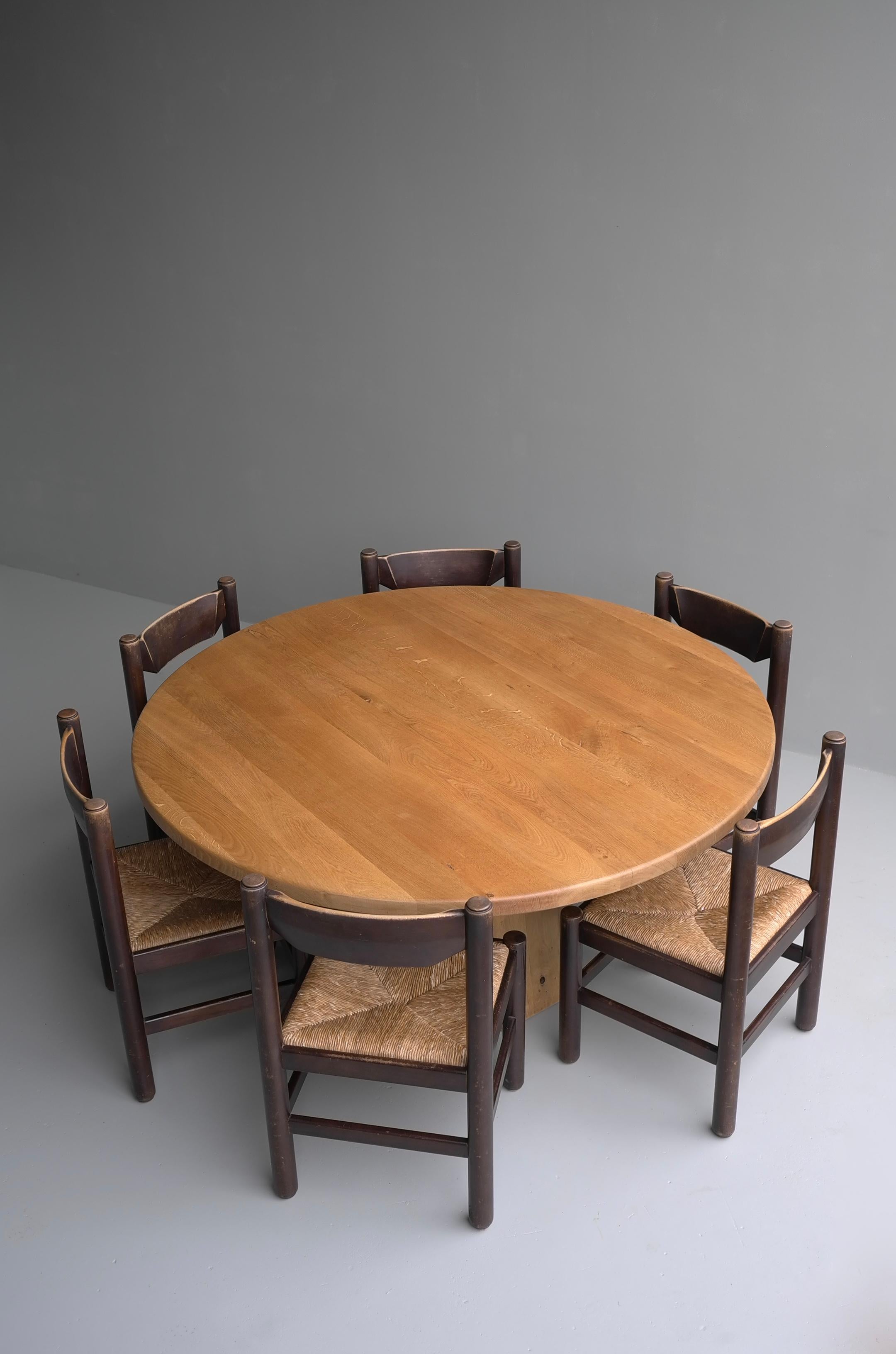 Extra Large Round Oak Sculptural Dining Table with Six Wooden and Rush Chairs 11
