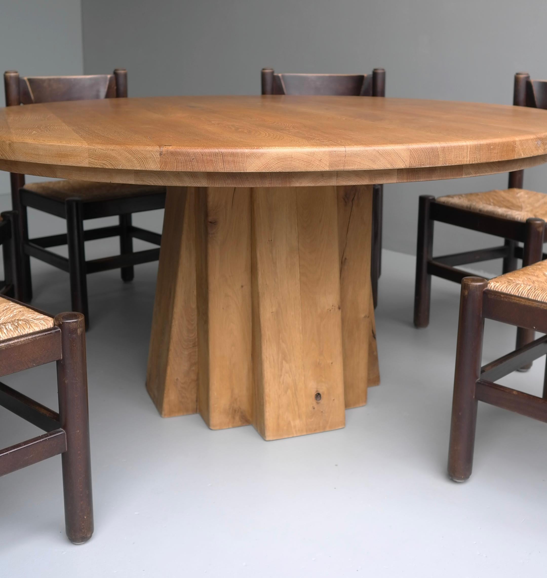 French Extra Large Round Oak Sculptural Dining Table with Six Wooden and Rush Chairs