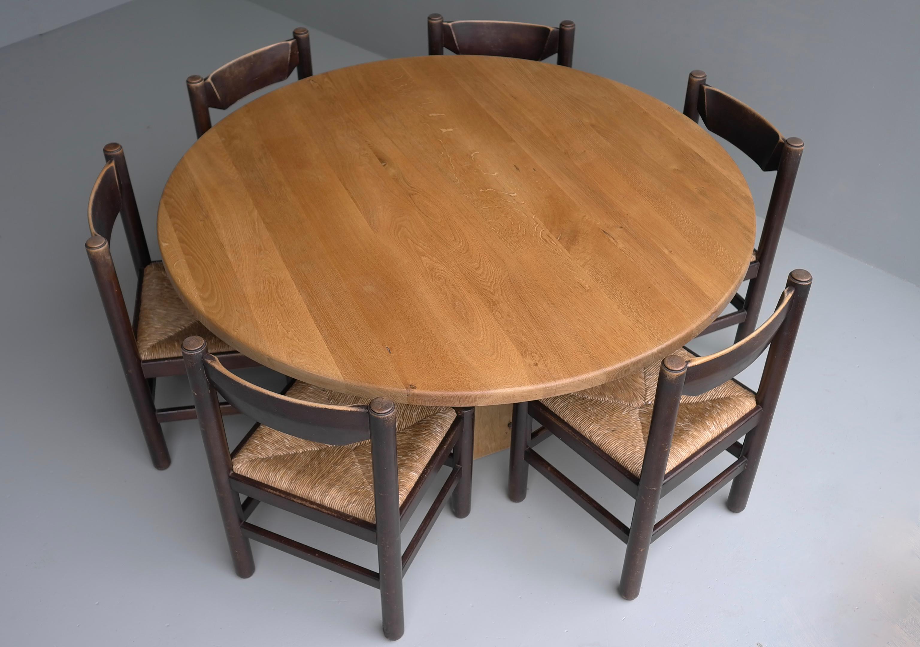 Mid-Century Modern Extra Large Round Oak Sculptural Dining Table with Six Wooden and Rush Chairs