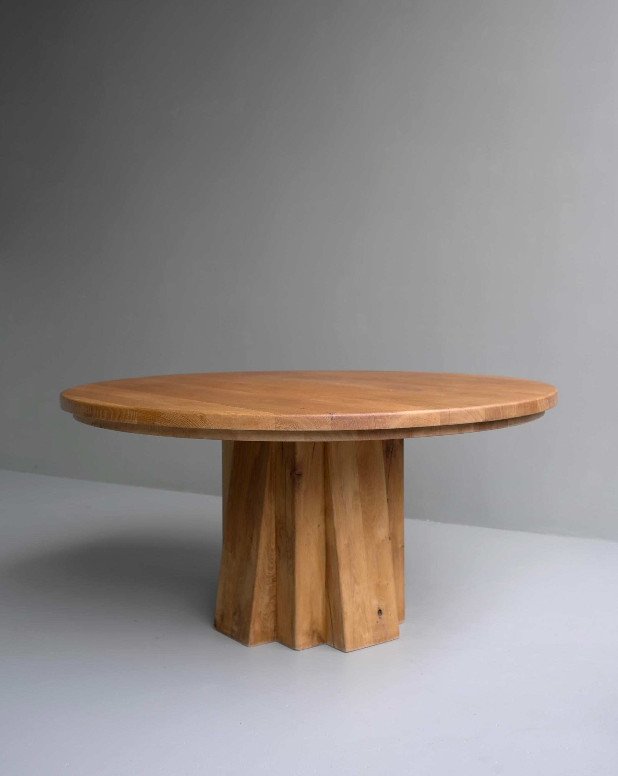 20th Century Extra Large Round Oak Sculptural Dining Table with Six Wooden and Rush Chairs