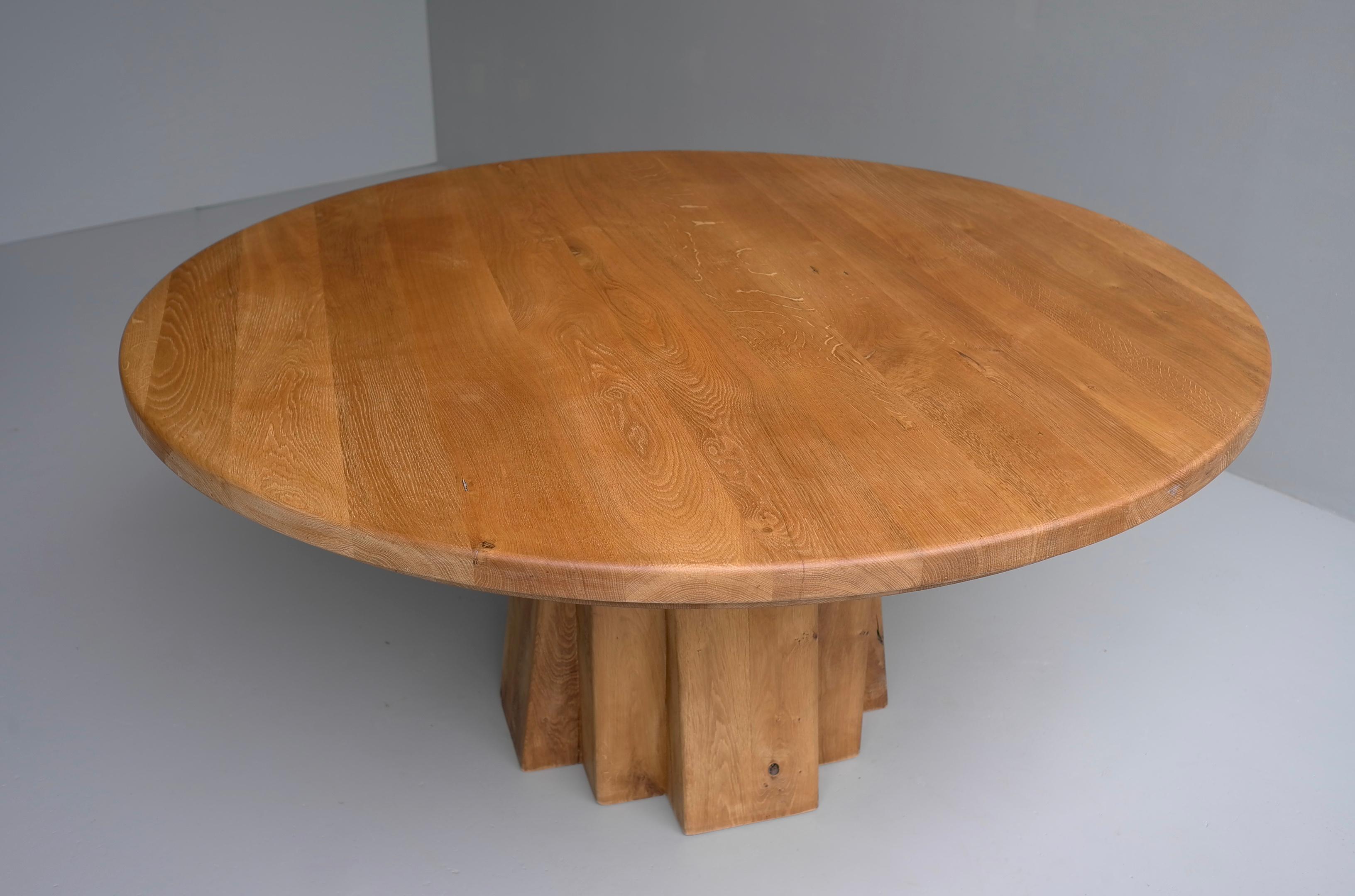 Extra Large Round Oak Sculptural Dining Table with Six Wooden and Rush Chairs 1