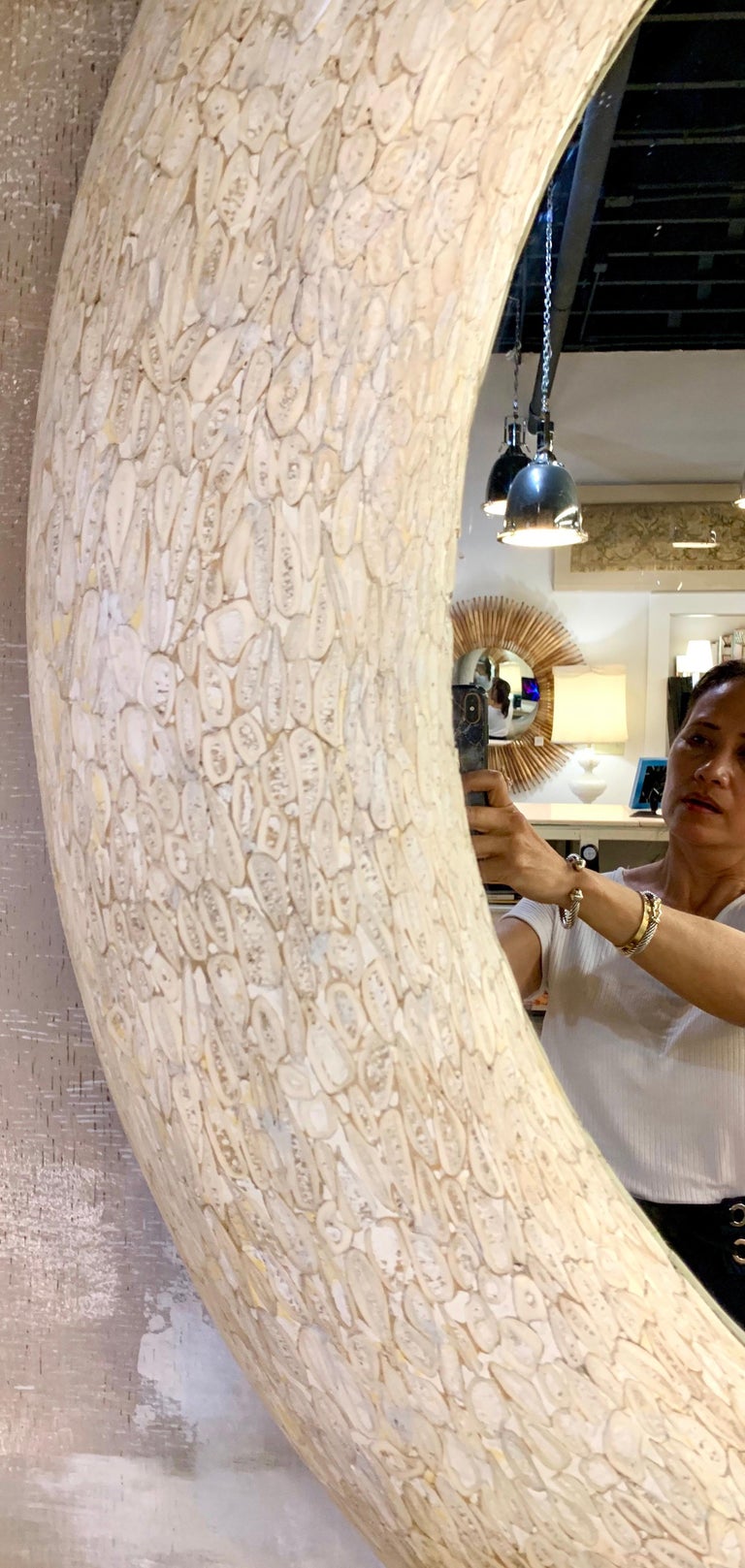 Extra Large Round Tessellated Marble Stone Architectural Mirror at