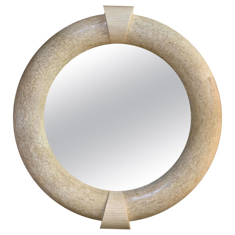 Extra Large Round Tessellated Marble Stone Architectural Mirror at