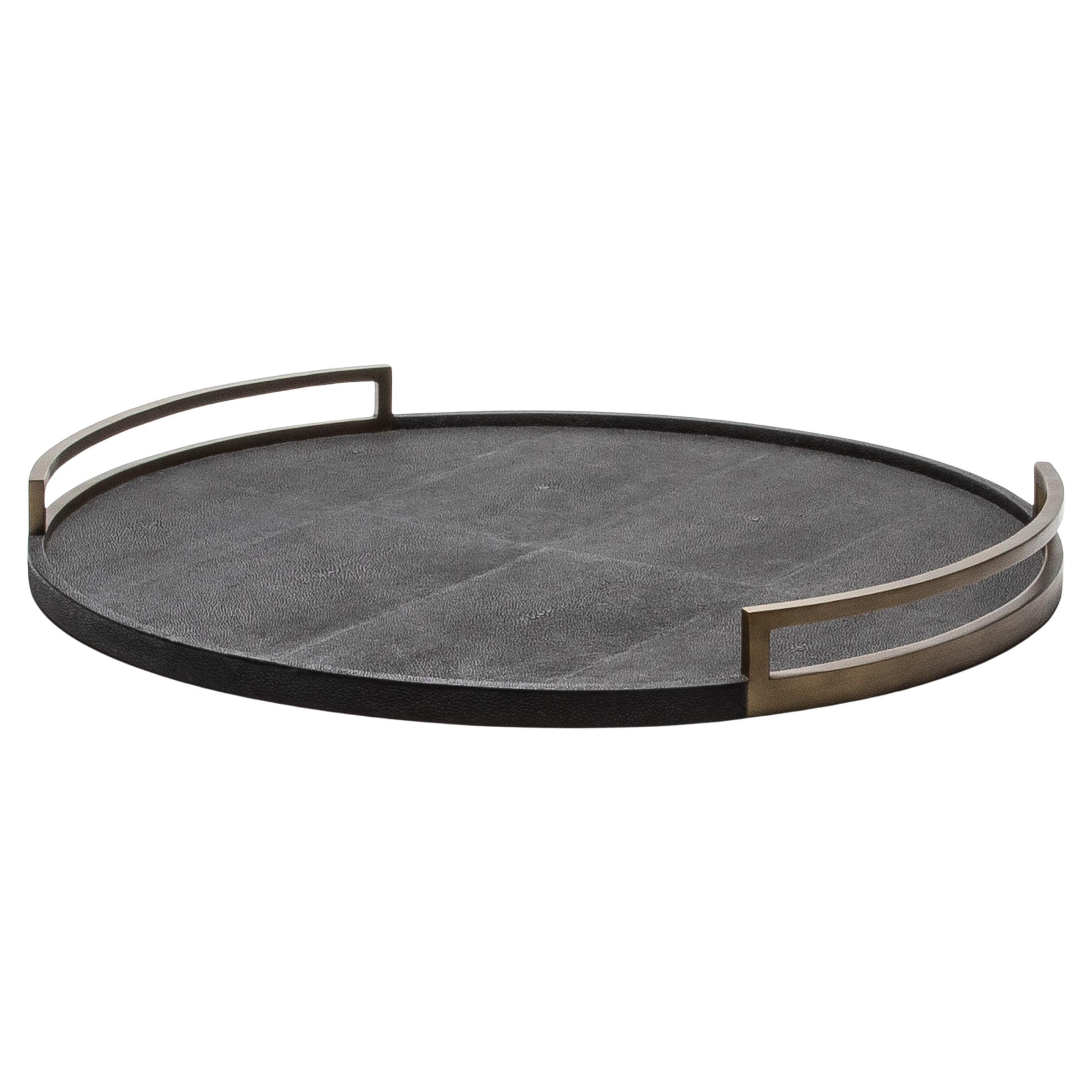 Extra großes rundes Tablett in Chagrinleder mit Bronze-Patina-Messing von R&Y Augousti im Angebot