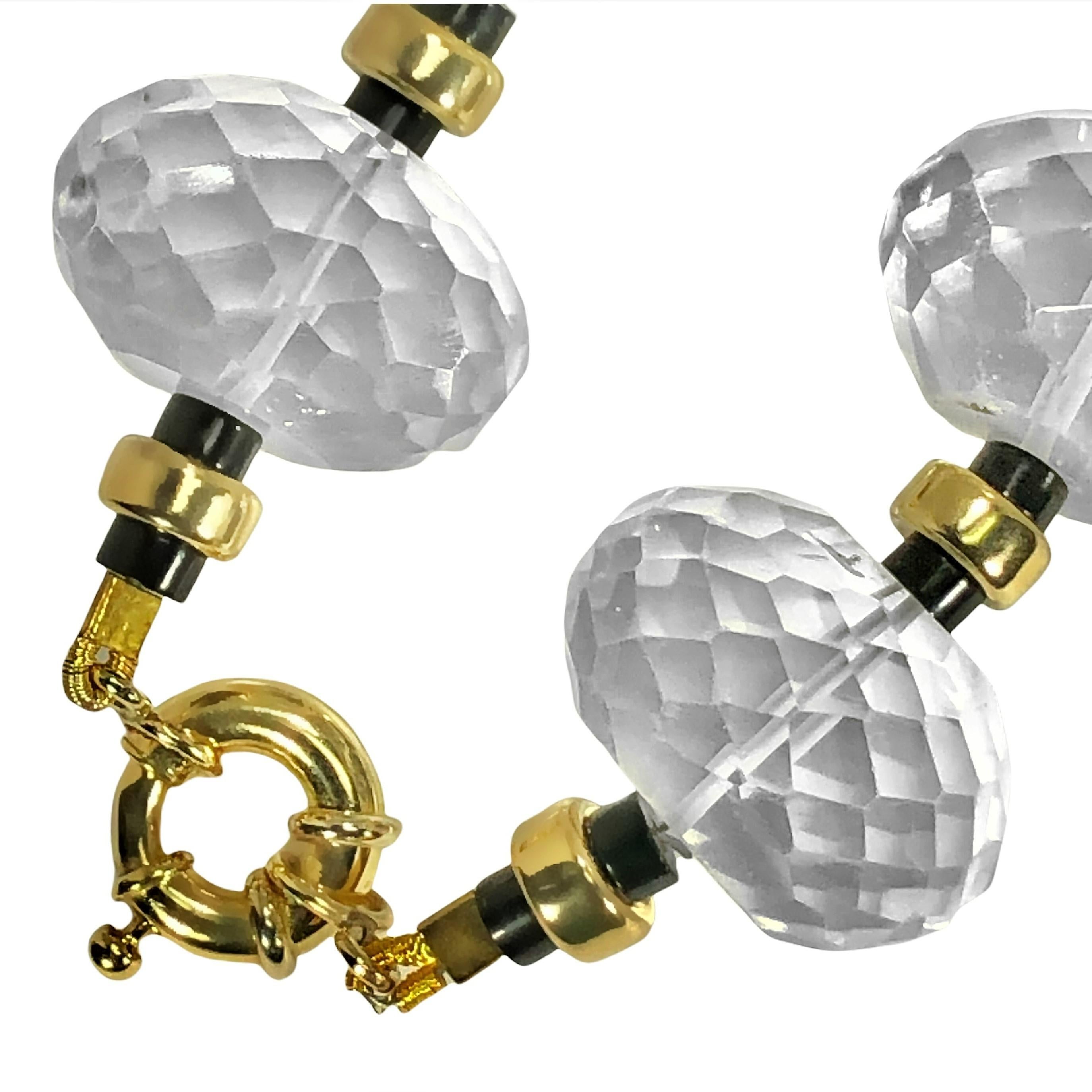 Briolette Cut Extra Large Scale, Faceted Rock Crystal Bead, Onyx and Gold Necklace
