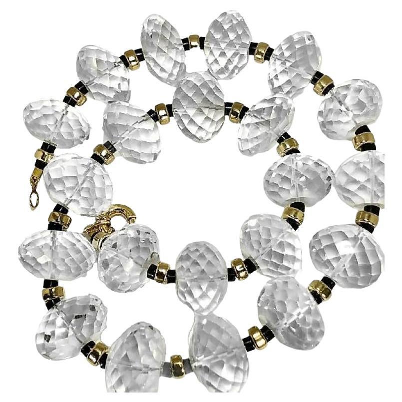 Extra Large Scale, Faceted Rock Crystal Bead, Onyx and Gold Necklace