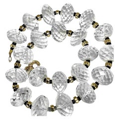 Extra Large Scale, Faceted Rock Crystal Bead, Onyx and Gold Necklace