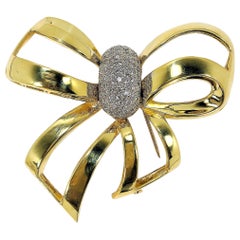 Extra Large Scale Gold and Diamond Bow Brooch